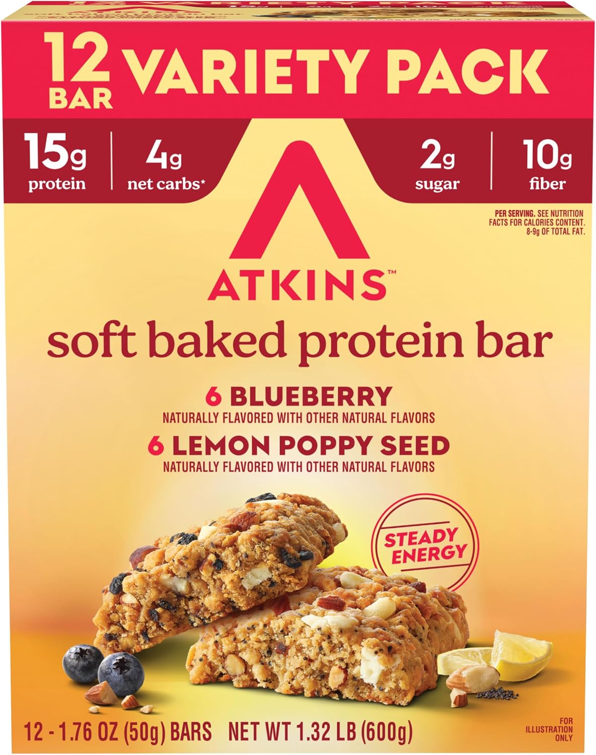 Atkins Soft Baked High Protein Bars, 12 pack, 2g sugar, 4g net carbs, 15g protein