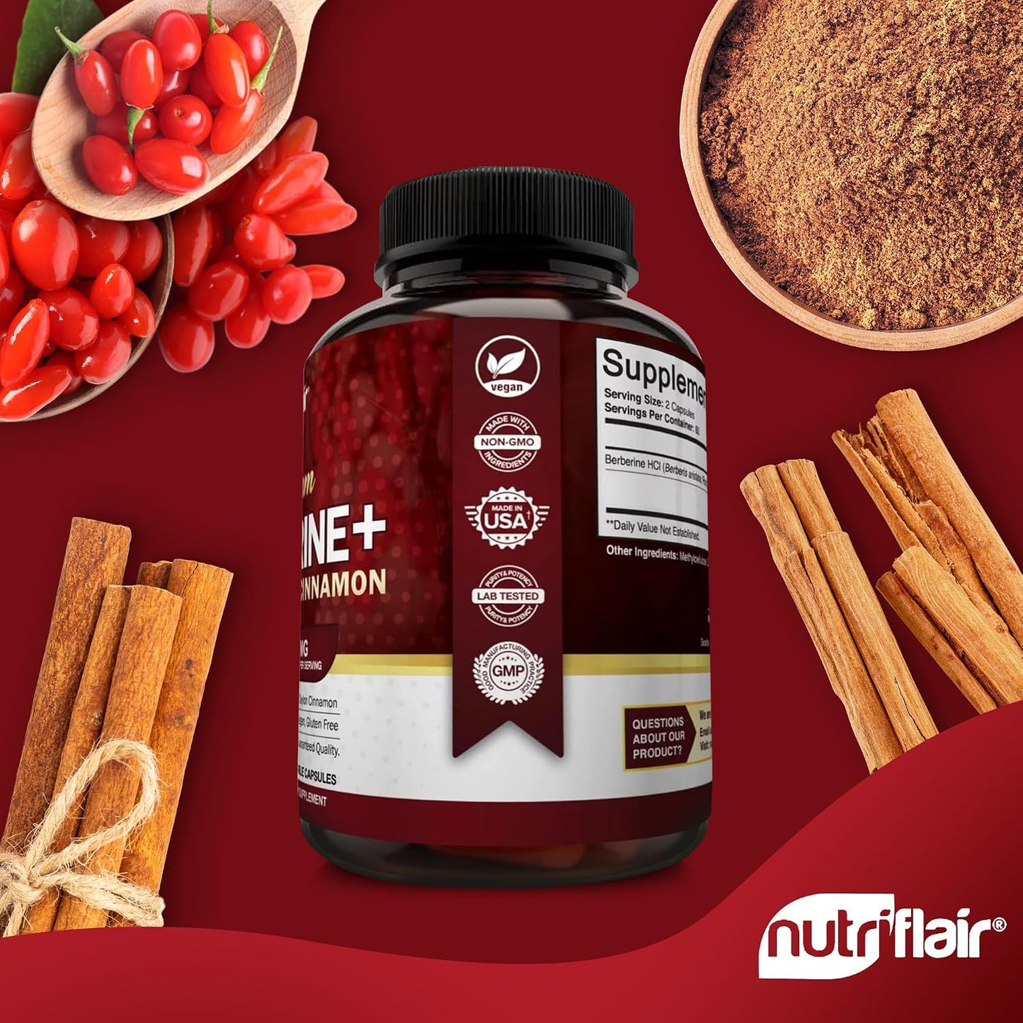 NutriFlair Premium Berberine HCL 1200mg, 120 Capsules - Plus Pure True Ceylon Cinnamon, Berberine HCI Root Supplements Pills - Immune System - Made in USA
