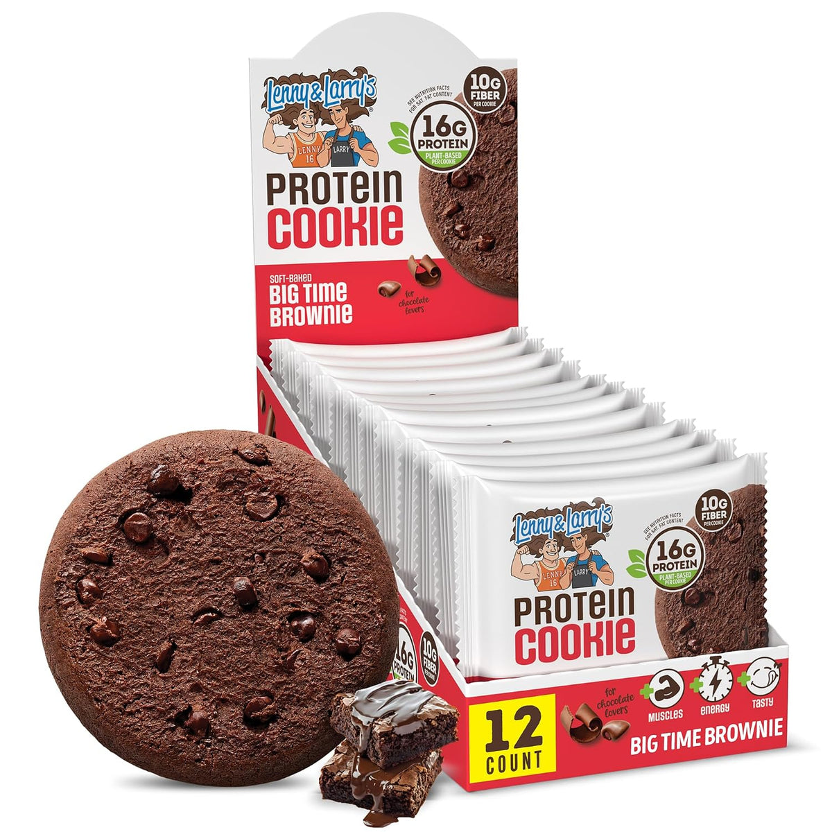 Lenny & Larry's Protein Cookie, Big Time Brownie, 16g Plant Protein, 10g Fiber, Soft-Baked, Vegan, Non-GMO, 4oz, Pack of 12