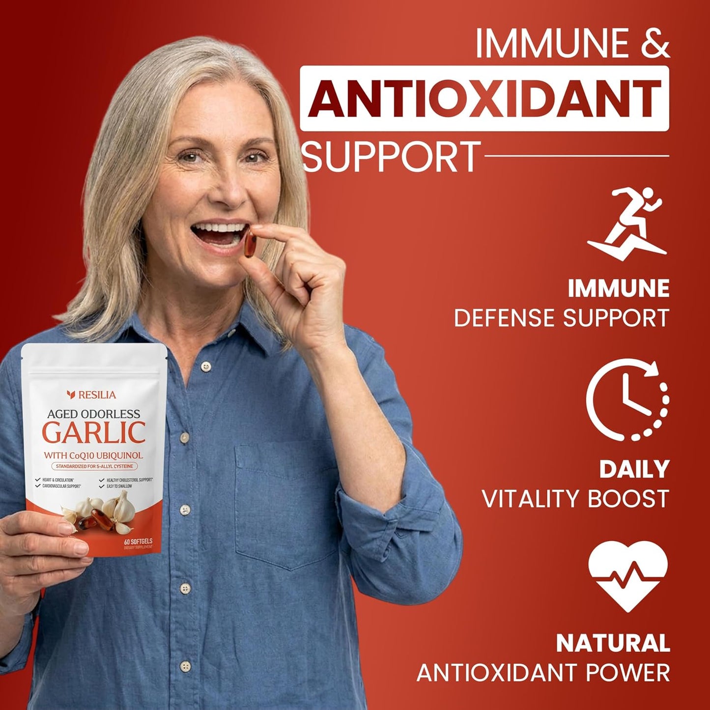 Resilia Garlic Extract 600mg Softgels (60 Count) – Odorless Aged Garlic Extract Supplement with CoQ10 Ubiquinol – 20-Month Matured, Standardized for S-Allyl Cysteine - Heart Health & Immune Support