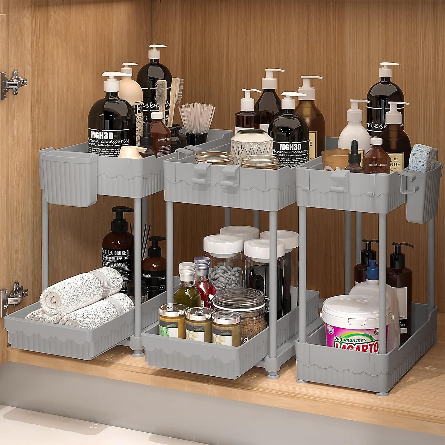 Sevenblue 3-Pack 2-Tier Under Sink Organizers with Sliding Drawers | Multi-use kitchen & bathroom storage, 12.8 inch black cabinet organizer, space-saving sliding drawer design.