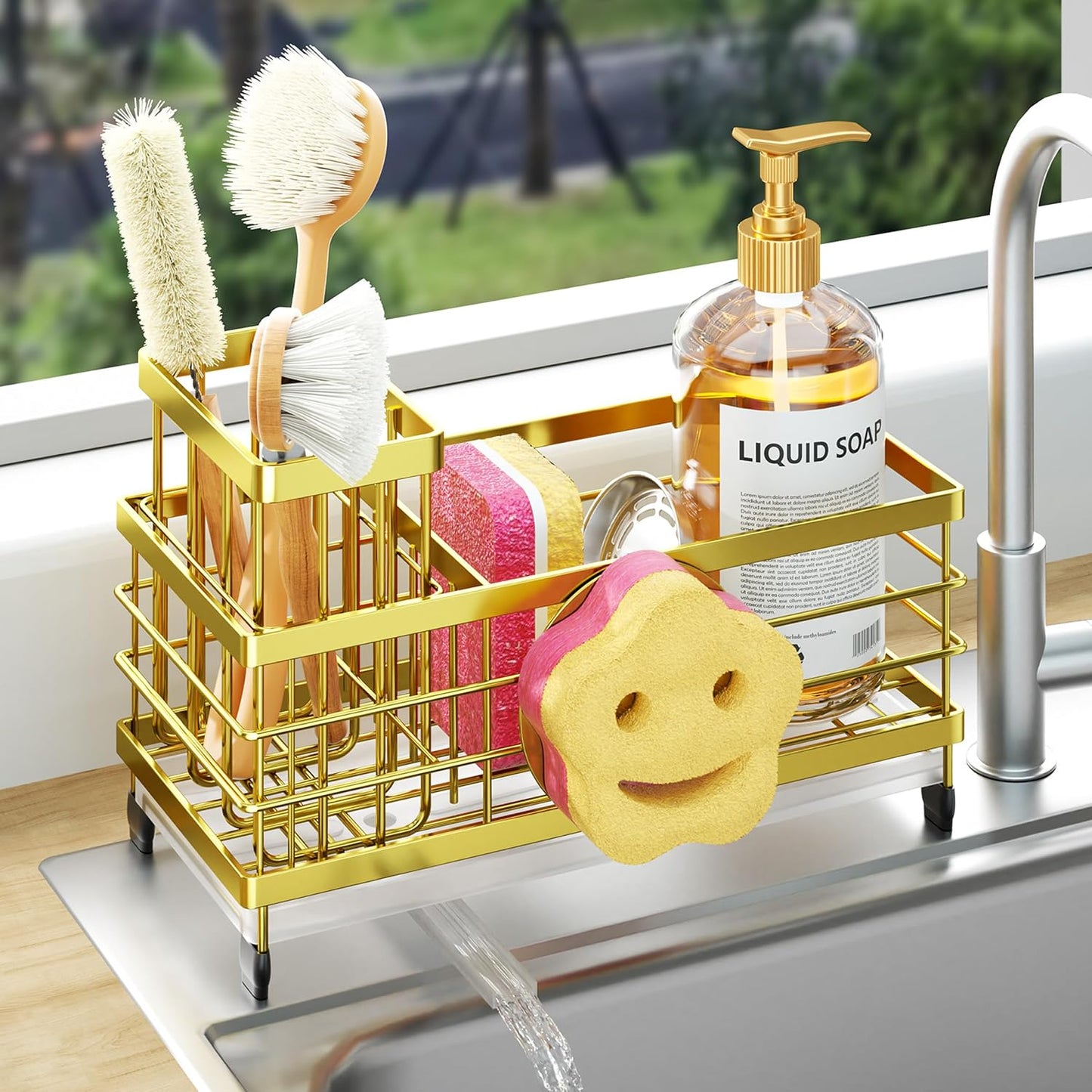 HapiRm Sponge Holder for Kitchen Sink - Self-draining Sink Caddy with Brush and Dishcloth Holders, Stainless Steel Kitchen Countertop Organizers and Storage Essentials - Black