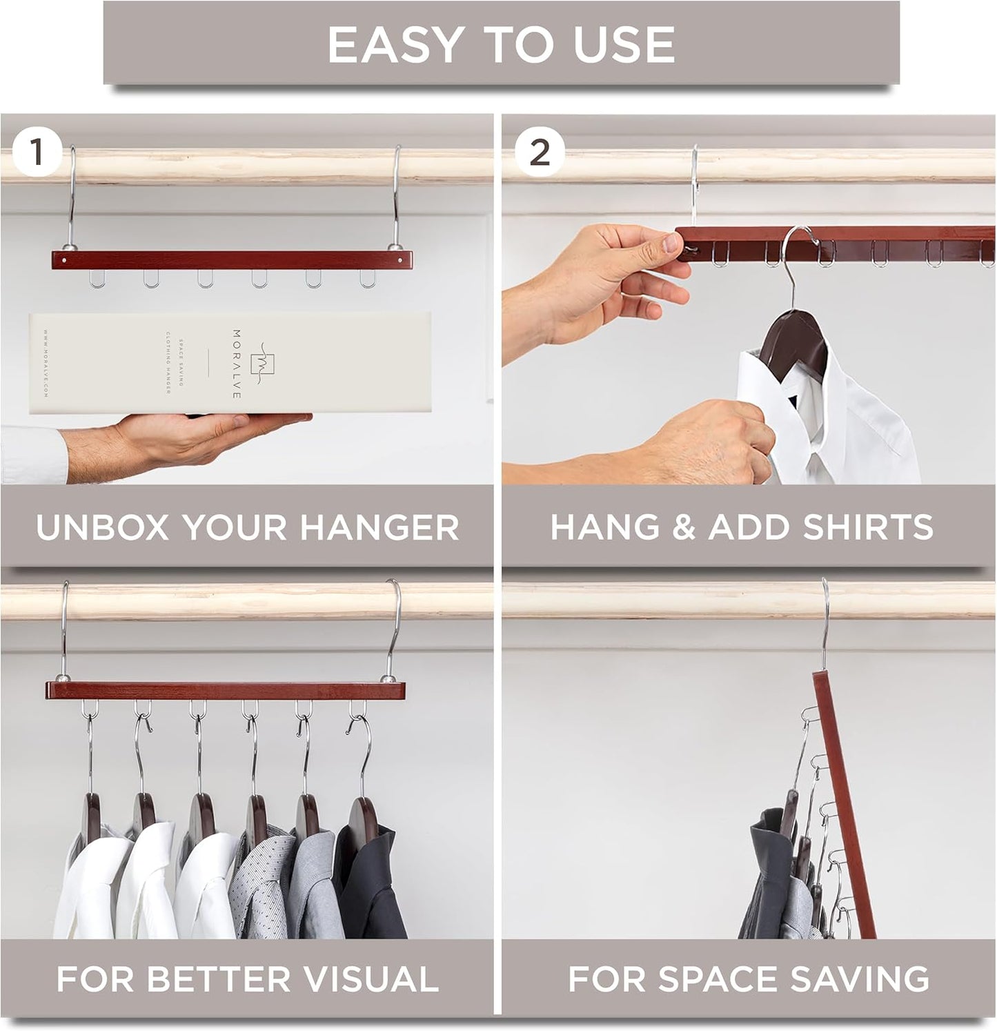 MORALVE Space Saving Hangers for Closet – 4 Pack European Beechwood 6-Tier Shirt Organizer with 360° Swivel Hook – Collapsible Clothes Hanger for Closet Organization (Hangers Not Included)