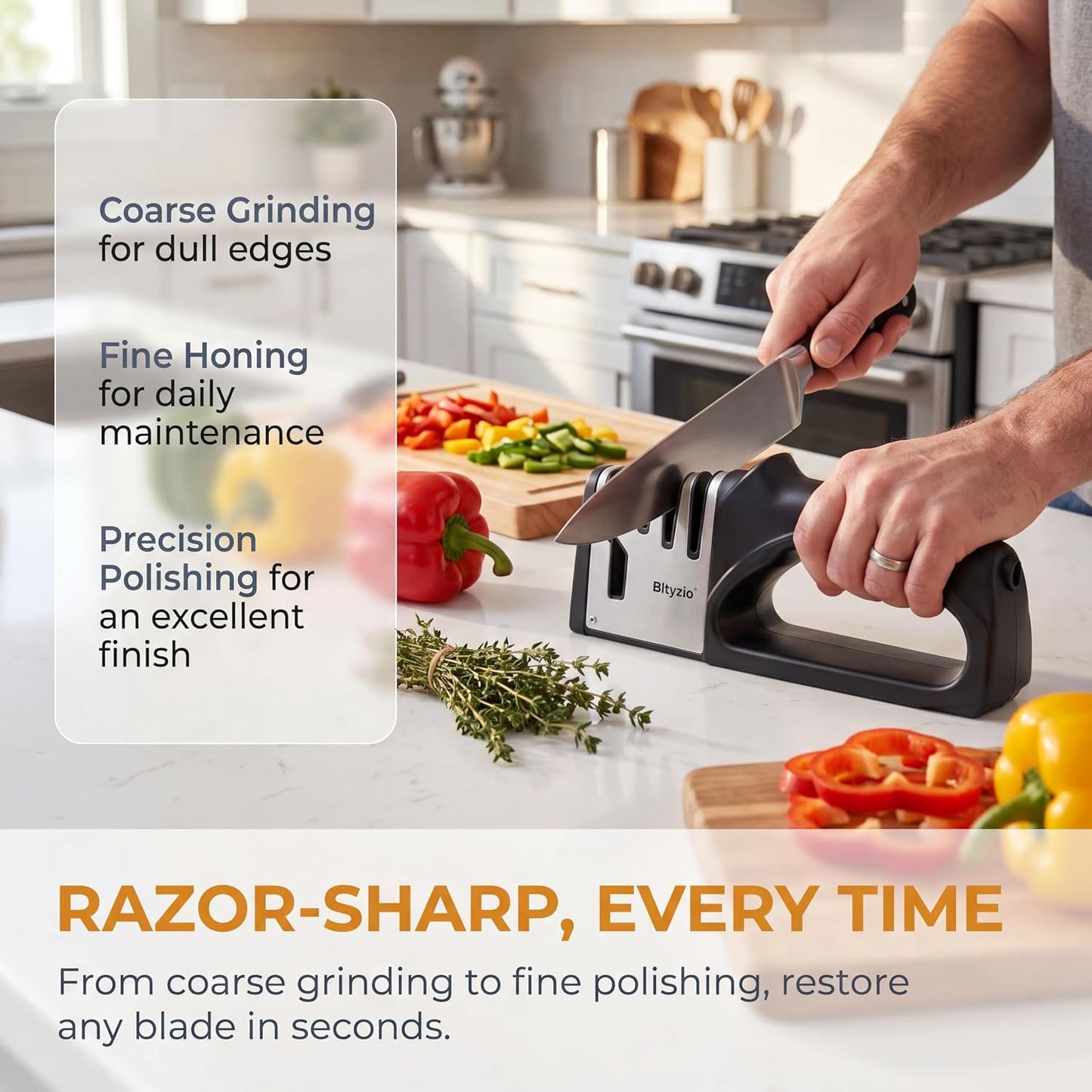 4-In-1 Manual Knife Sharpener for Kitchen Knives & Scissors, Professional Pull-Through Knife Sharpener with Tungsten Steel & Ceramic Slots, Non-Slip Base, Easy to Use for Chef Knives & Kitchen Knives