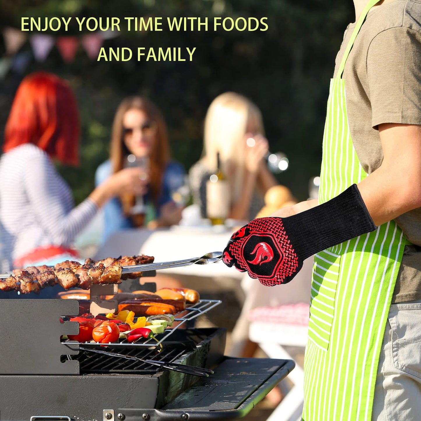 BBQ Gloves 1472F Heat Resistant Non-Slip Silicone 13.8in (Red) | Grill Cut-Resistant, Oven Kitchen Safe for Barbecue, Cooking, Frying, Oven Mitts