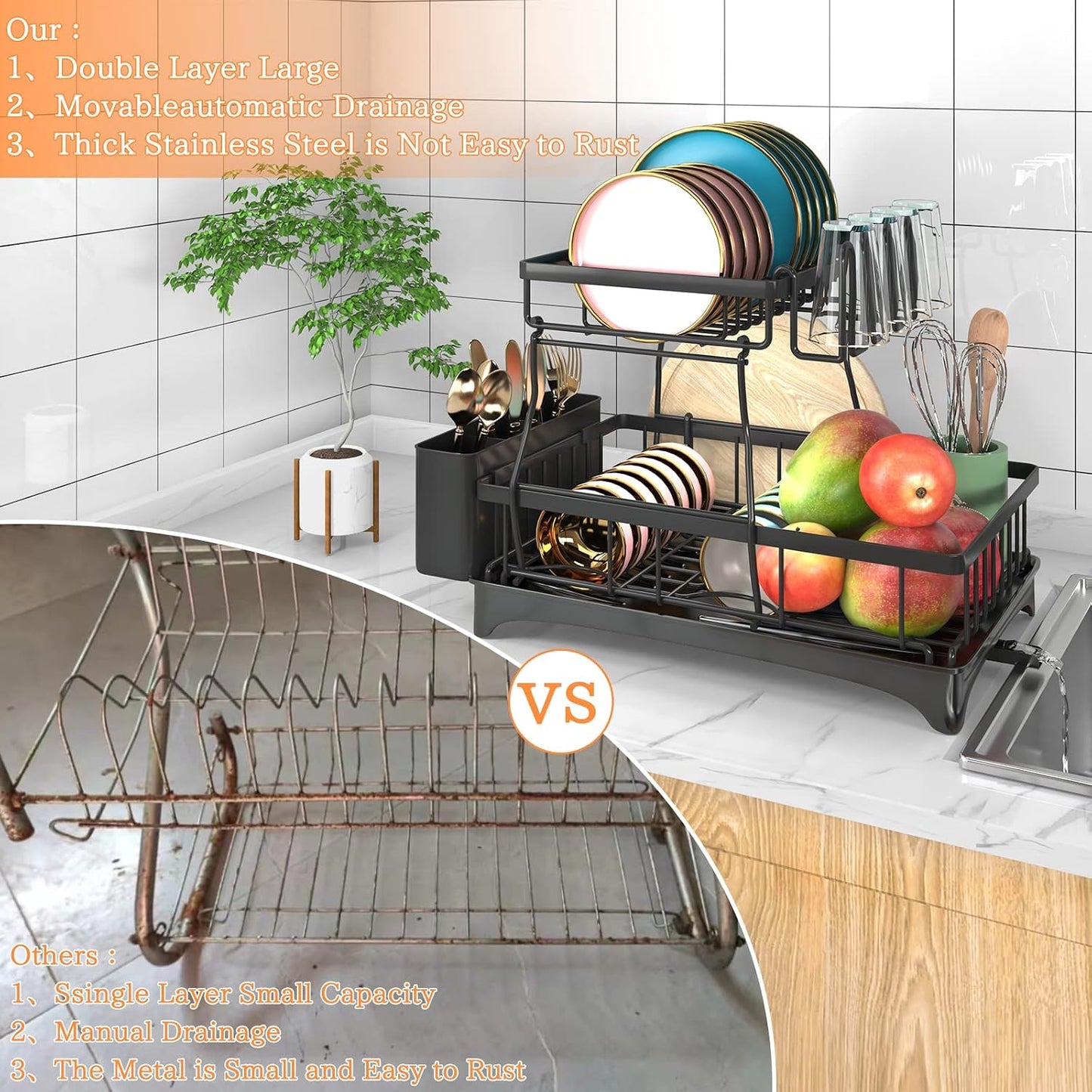 Godboat 2-Tier Dish Drying Rack - Dish Rack with Auto Drain-to-Sink & Mat | Dish Racks for Kitchen Counter, Dish Drainer with Knife Fork & Cup Rack, Gifts for Women, Mothers Day, Kitchen Gadgets, Black