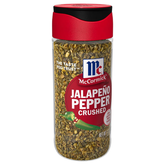 McCormick Crushed Jalapeño Pepper, 1.37 oz, bold flavor and moderate heat.