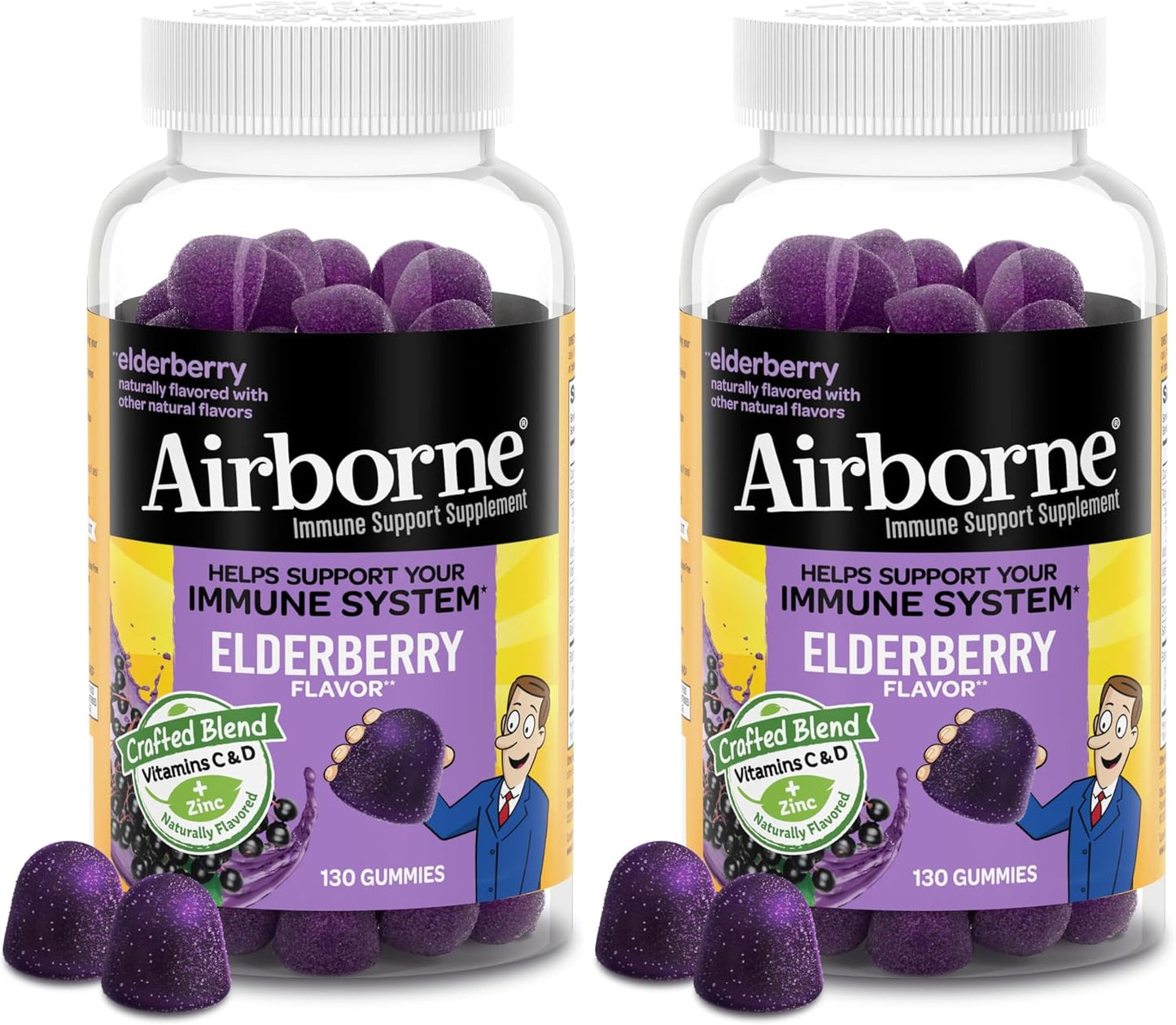 Airborne Elderberry + Zinc & Vitamin C Gummies For Adults, Immune Support Vitamin D & Zinc Gummies With Powerful Antioxidant Vitamins C D & E - 50 Gummies, Elderberry Flavor