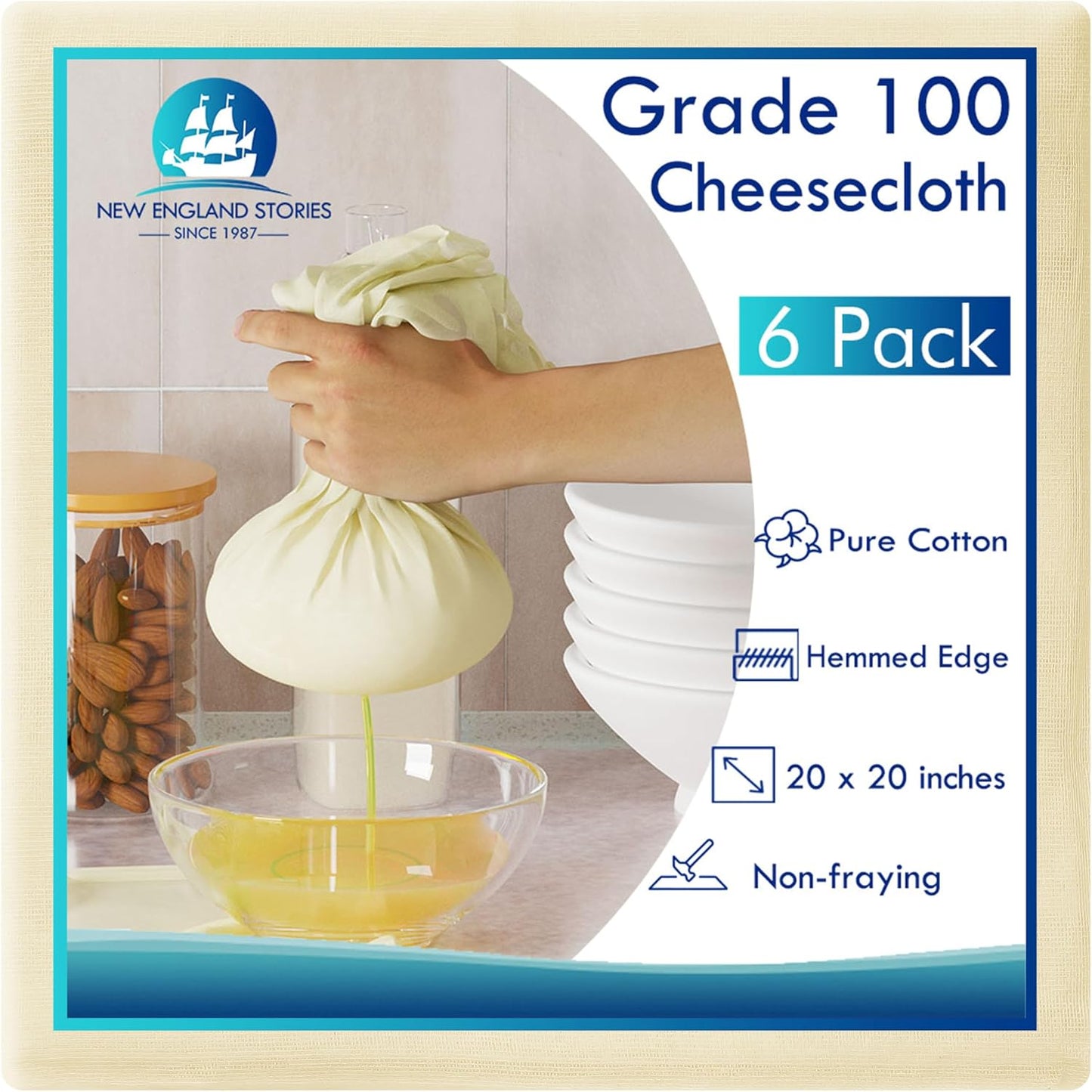 8 PCS Reusable Cheesecloth, Grade 100, 20x20 Inch Hemmed Cheese Cloth for Straining Craft, 100% Cotton Unbleached Cloth Strainer for Cooking, Baking, Juicing, Cheese Making