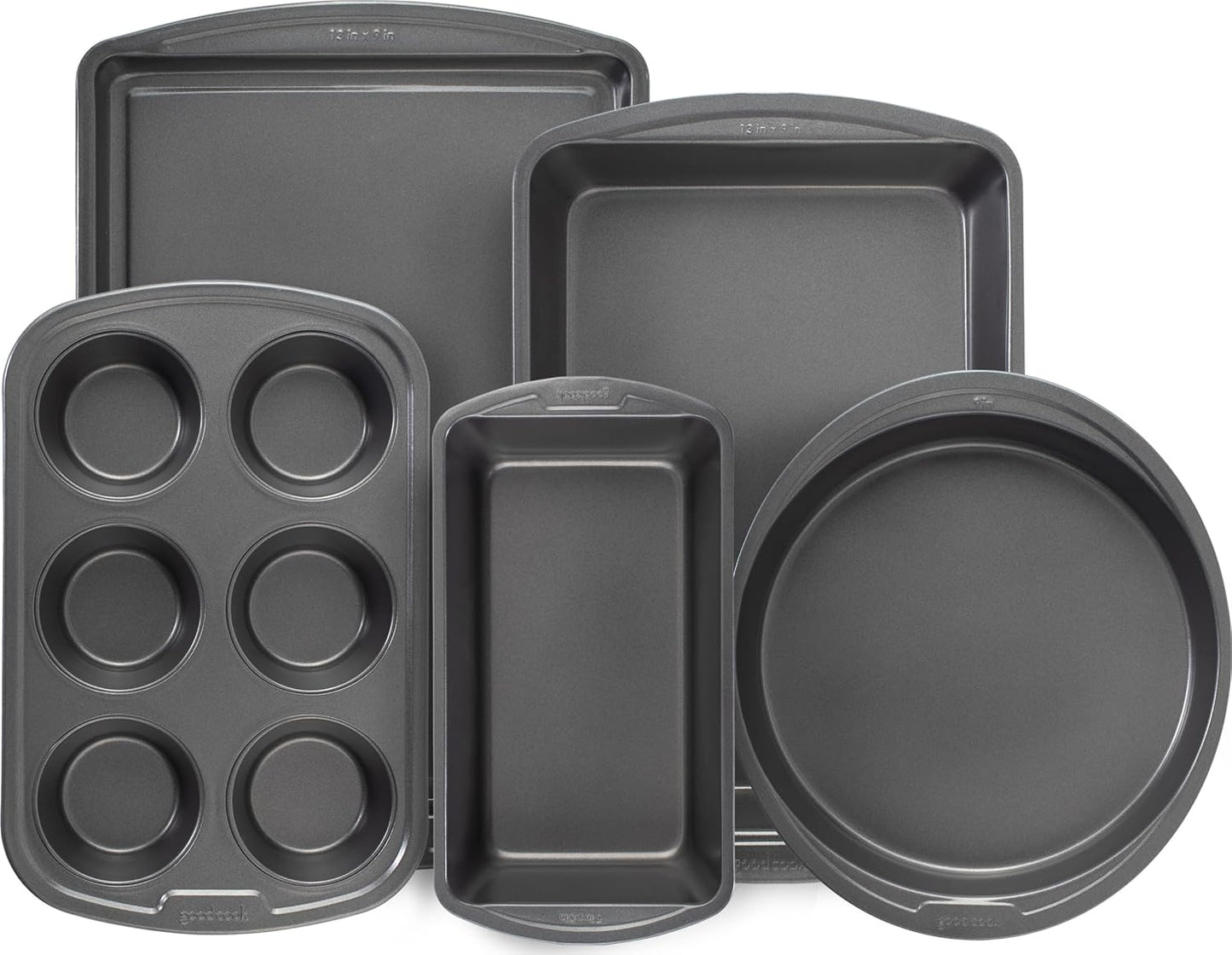 GoodCook 4-Piece Nonstick Steel Toaster Oven Set with Sheet Pan, Rack, Cake Pan, and Muffin Pan, Gray, 4-Piece Set Distributes Heat Evenly, Nonstick Coating, Dishwasher-Safe