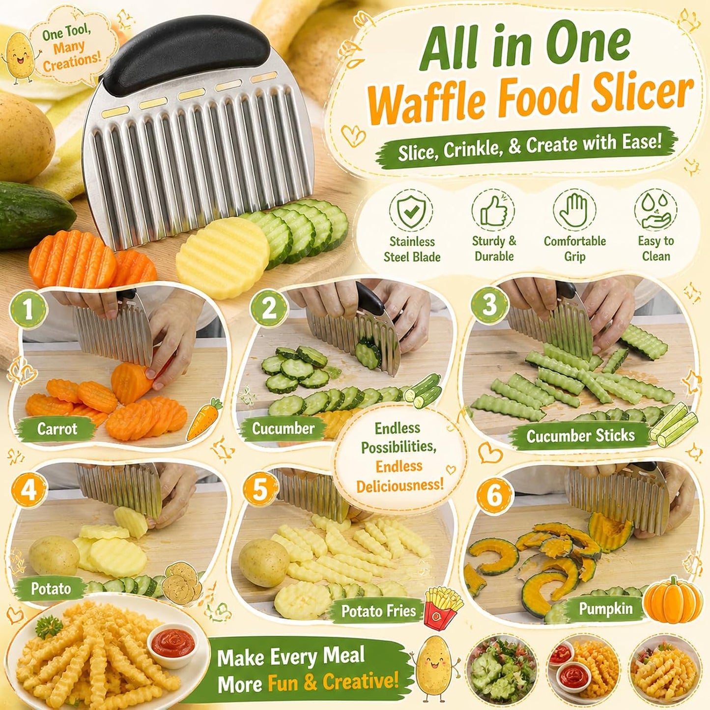 JAYVAR Large Crinkle Cutter French Fry Cutter, Stainless Steel Wavy Slicer | Large Crinkle Potato Slicer Wavy Chopper, Crinkle Cutting Chopping Tools with Handle