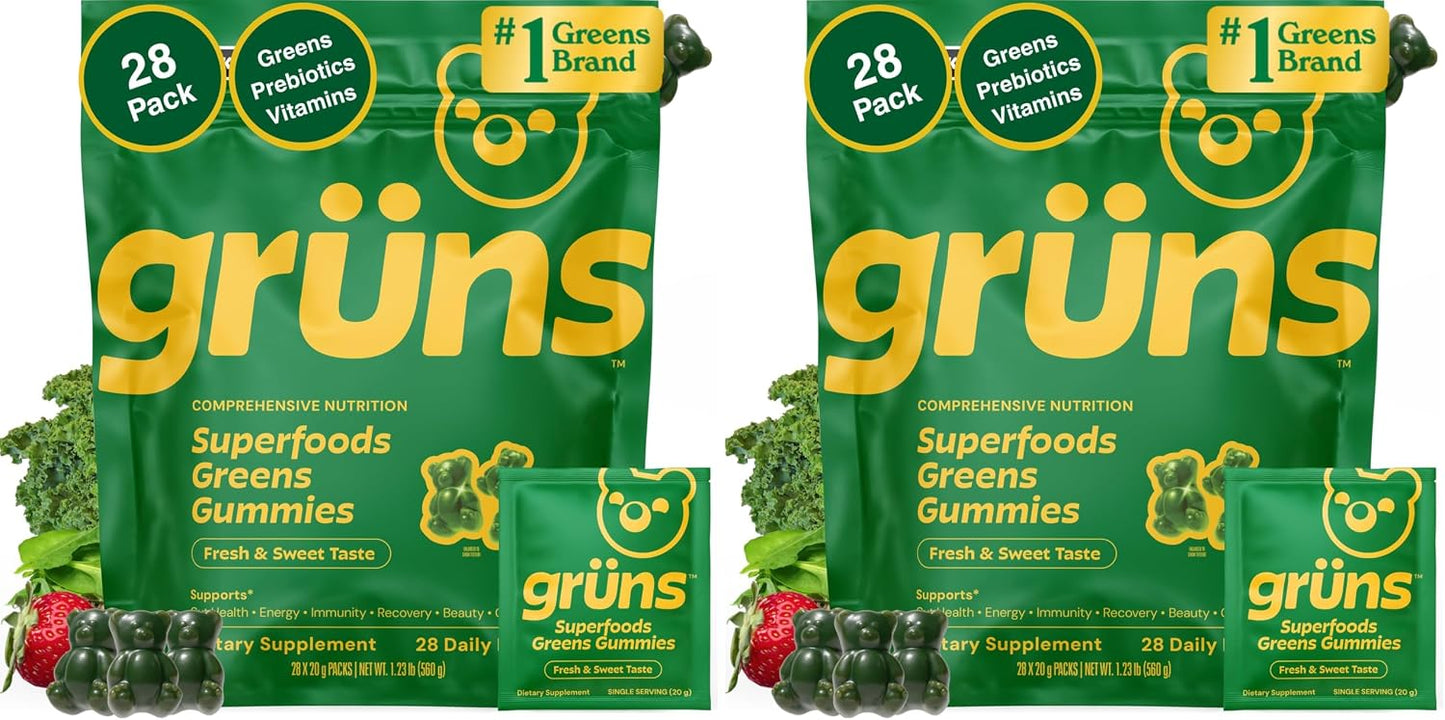 Gruns Adults Super Greens Gummies, Multivitamin Superfood Gummy Bears, Spirulina, Chlorella, Prebiotics & Fiber Gummies for Digestive Health, Adaptogens Supplement, 20 Vitamins & Minerals, 10 Count