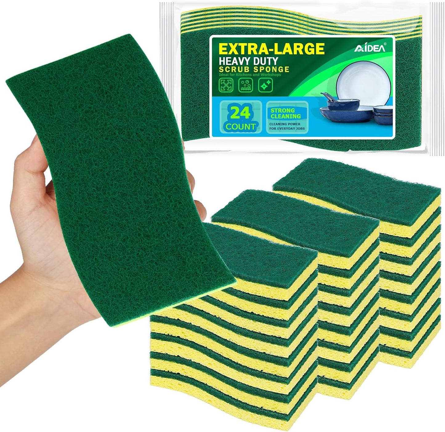 AIDEA Sponges Kitchen, Heavy Duty Scrub Sponge-24Count, Sponges for Dishes | Cellulose Dish Sponge, Scrubbing Power for Tough Messes, Cleaning Sponges for Non-Coated Cookware, Dishes, Pots, Pans