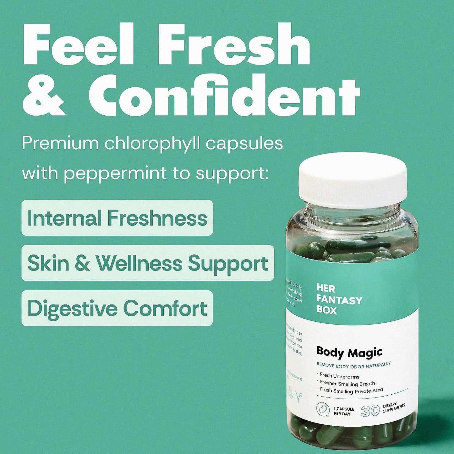 Her Fantasy Box | Body Magic | Chlorophyll Capsules - 30 Vegan Capsules for Detox, Digestion, Gut Health, Skin Support, and Oily Skin - Natural Energy Booster