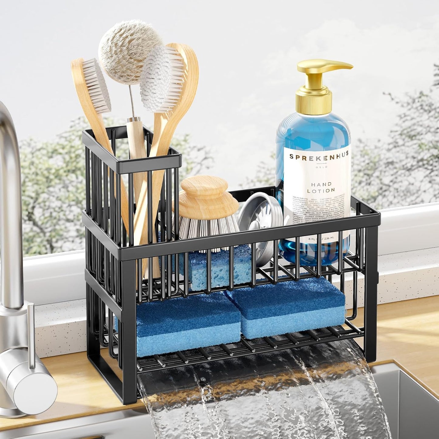 Kitsure Sponge Holder for Kitchen Sink, 7.9"x3.7"x6.2", Black | Kitchen Sink Caddy, Home Decor Accessories, Stainless Steel, High Brush Holder