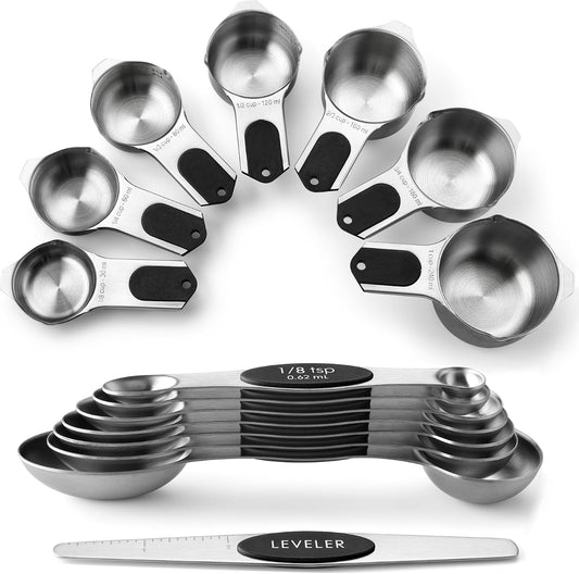 Spring Chef Magnetic Measuring Cups & Spoons Set of 15, Patented, Black | Stackable Stainless Steel Measuring Cups & Heavy Duty Metal Measuring Spoons with Levelers for Dry & Liquid Ingredients