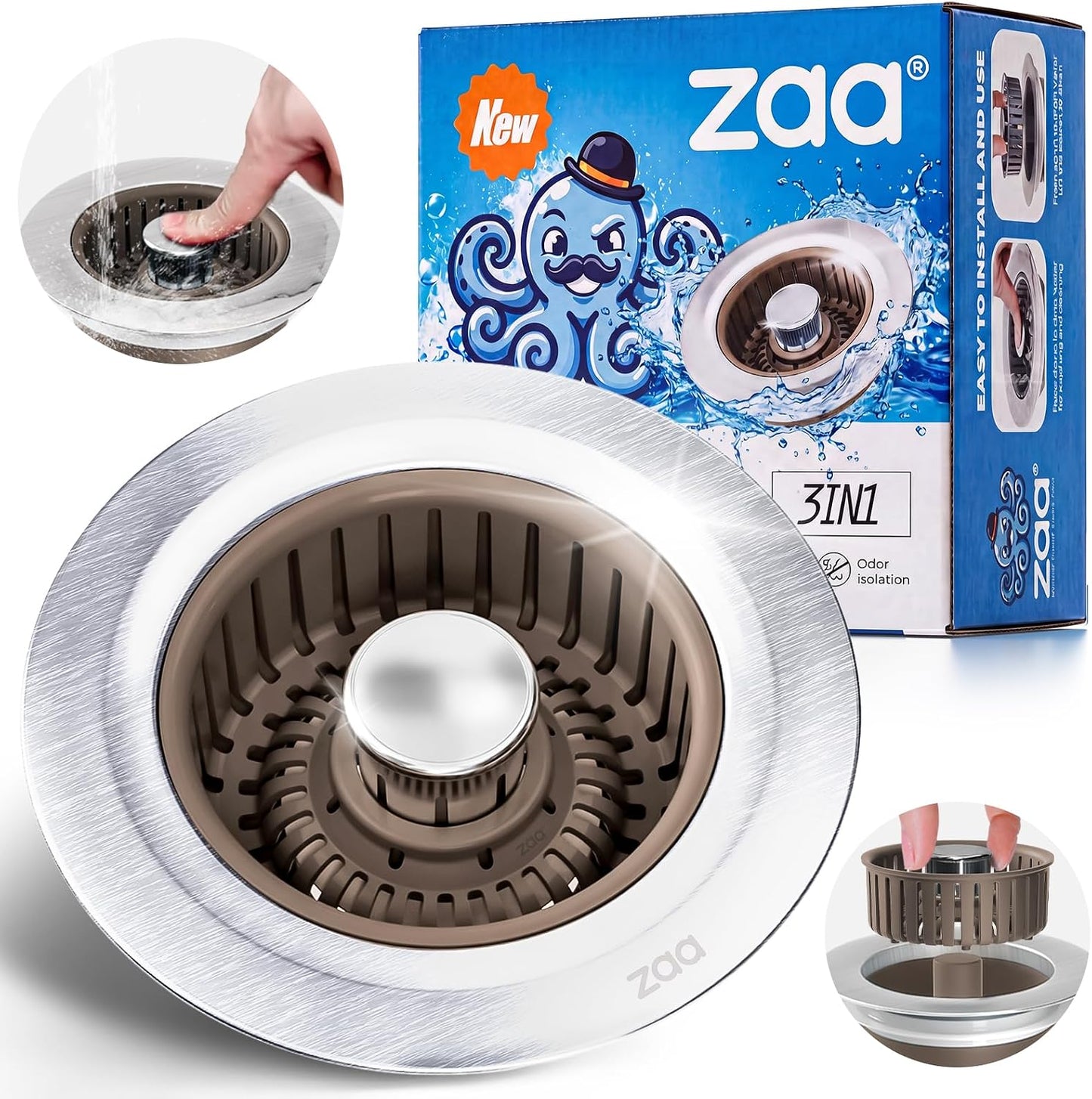zaa 3 in 1 Kitchen Sink Drain Strainer Stopper Removable Basket Pop-Up | Kitchen Sink Accessories 1 Pack Silver Stainless - Food Catcher, Odor-Blocking Seal, Fits 3.5" Drain, Easy Clean