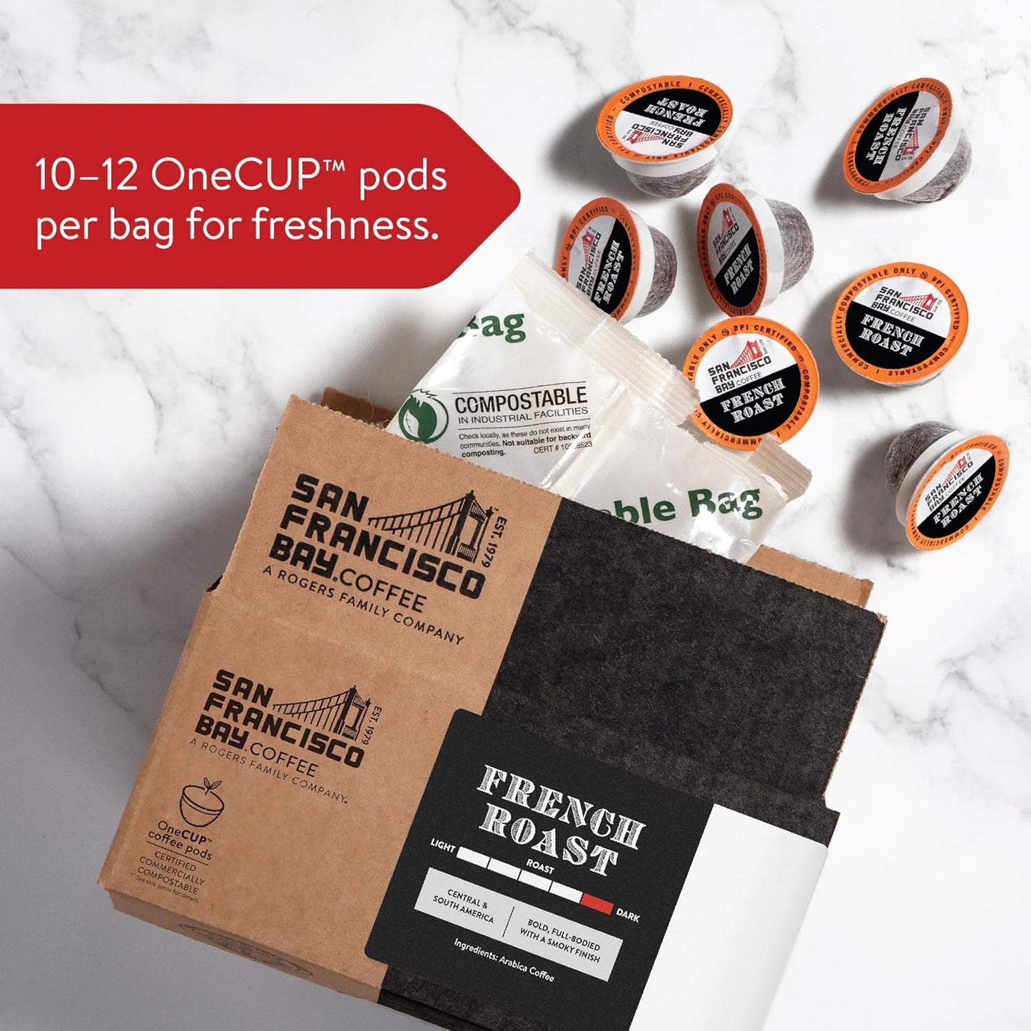 San Francisco Bay Coffee - Dark Roast - French Roast (80 ct) - Single Serve Coffee Pods, Commercially Compostable, K Cup Compatible