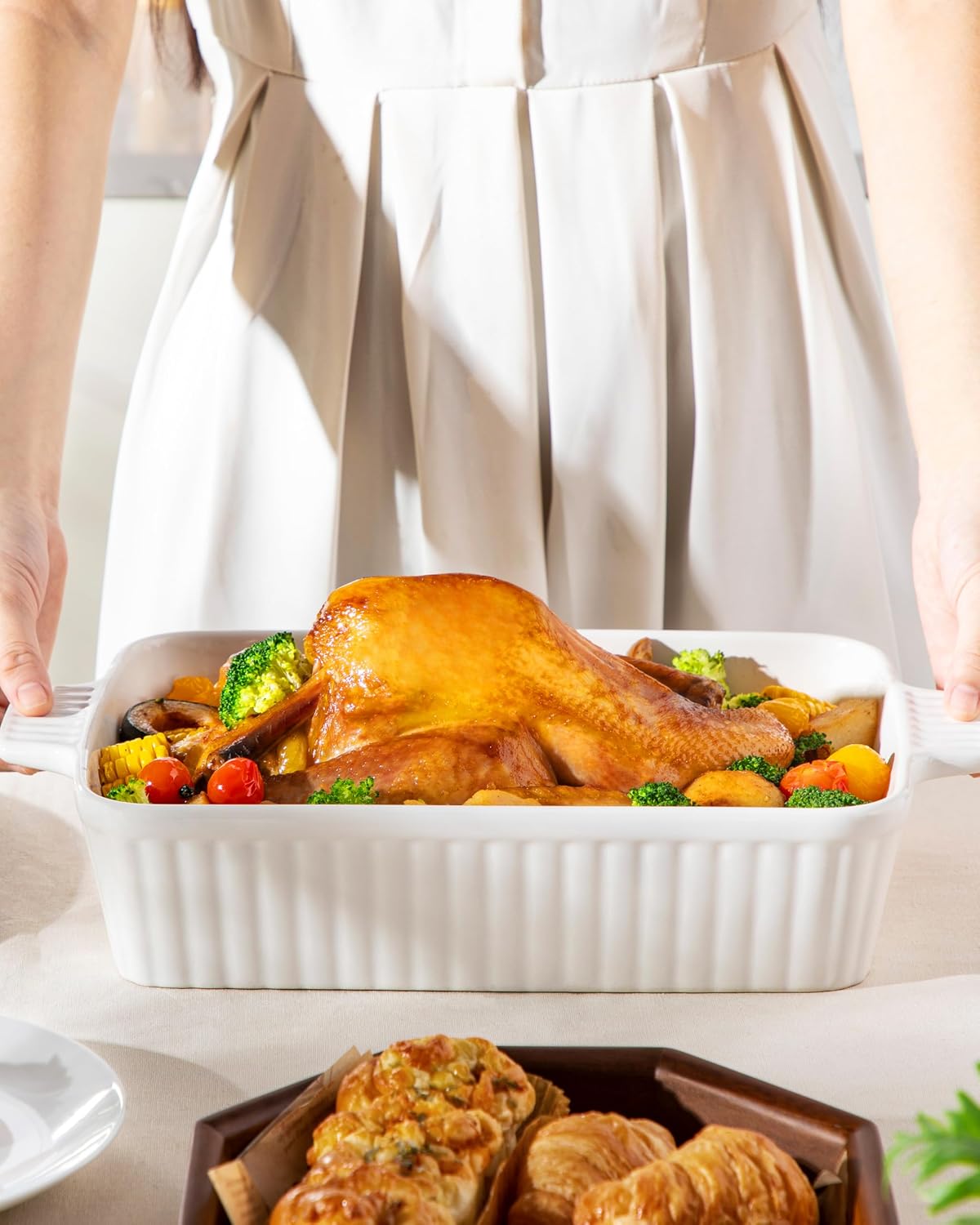 MALACASA 4.4QT Ceramic Casserole Dishes for Oven, 9x13 Baking Dishes, White | Rectangular Lasagna Pan with Handles, Ceramic Baking Dish, Deep Roasting Pan, Microwave and Dishwasher Safe, Wedding Gift