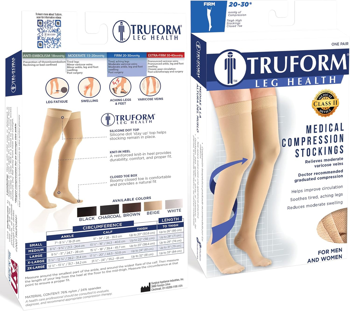 Truform 20-30 mmHg Compression Stockings, Thigh High, Beige, Large, Unisex