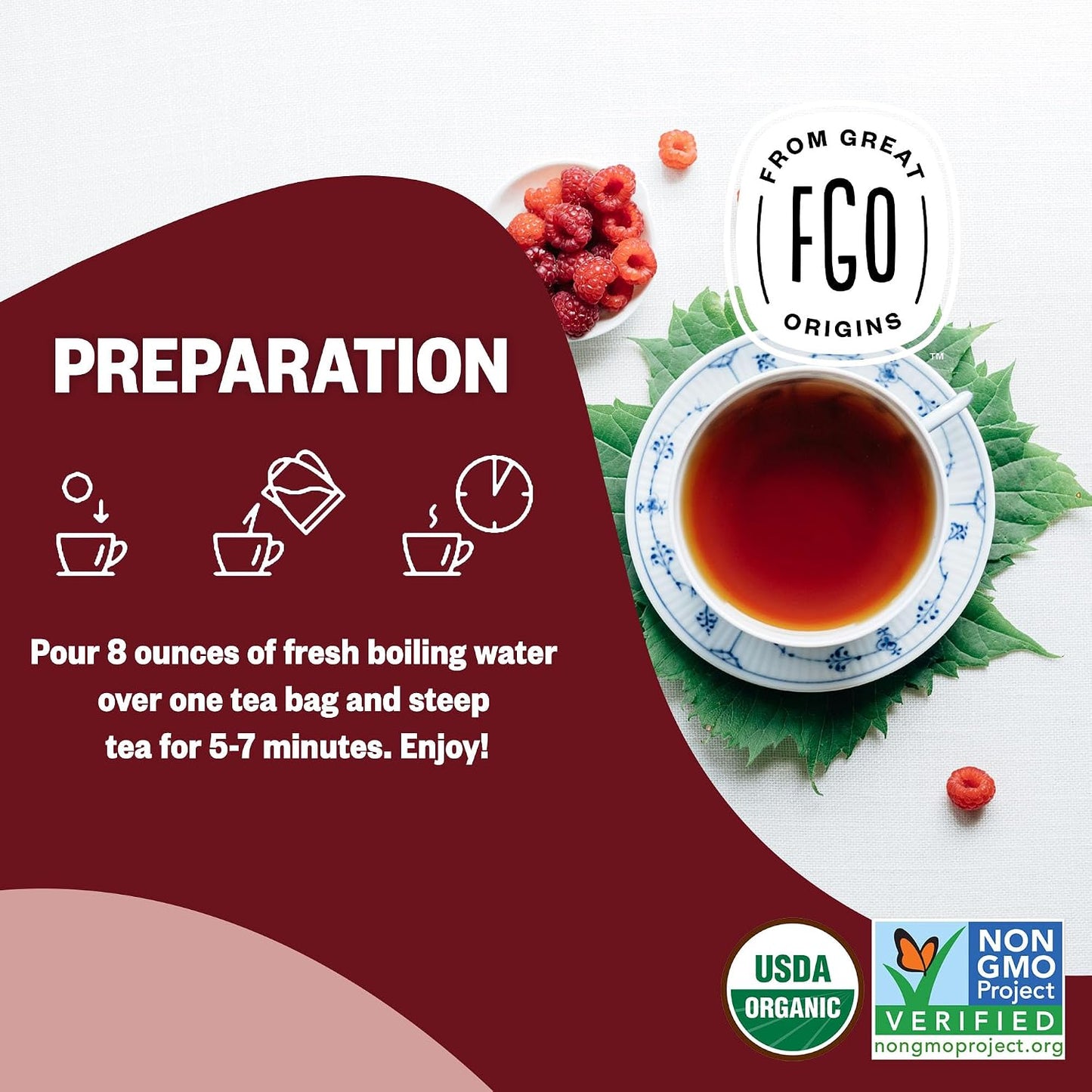 FGO Organic Red Raspberry Leaf Tea Bags, 100 Eco-Conscious Tea Bags, Caffeine Free, Imported from Germany