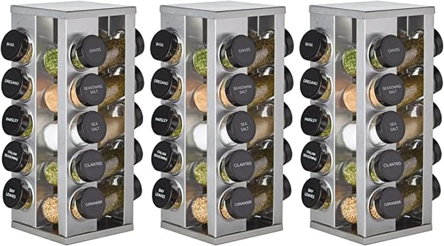 Kamenstein 20 Jar Revolving Countertop Spice Rack with Spices Included, FREE Spice Refills for 5 Years, Polished Stainless Steel with Black Caps, 30020