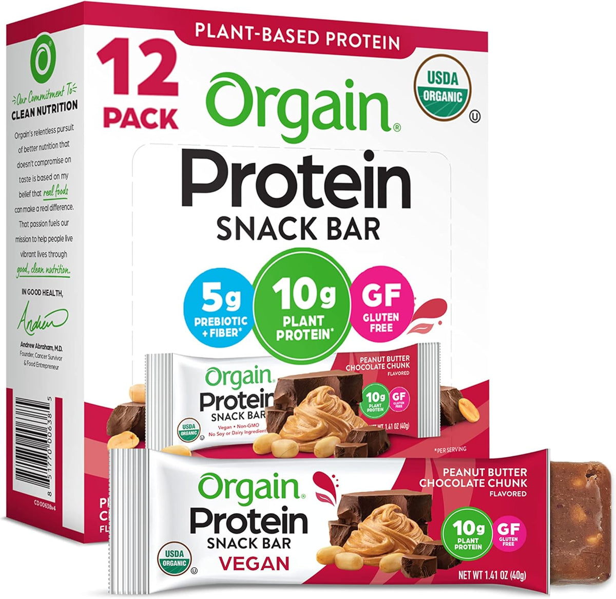 Orgain organic vegan protein bars, 10g plant based protein, peanut butter chocolate chunk, gluten free, non-gmo, 1.41 oz, pack of 12