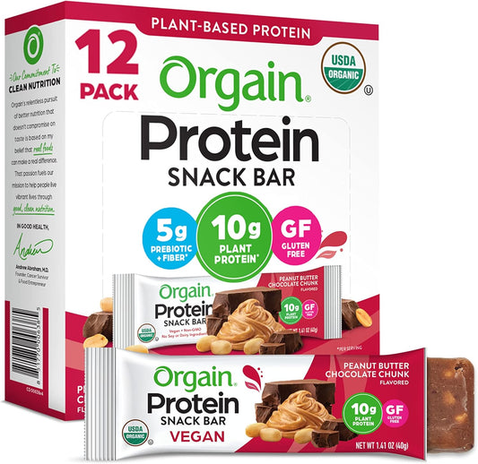 Orgain organic vegan protein bars, 10g plant based protein, peanut butter chocolate chunk, gluten free, non-gmo, 1.41 oz, pack of 12