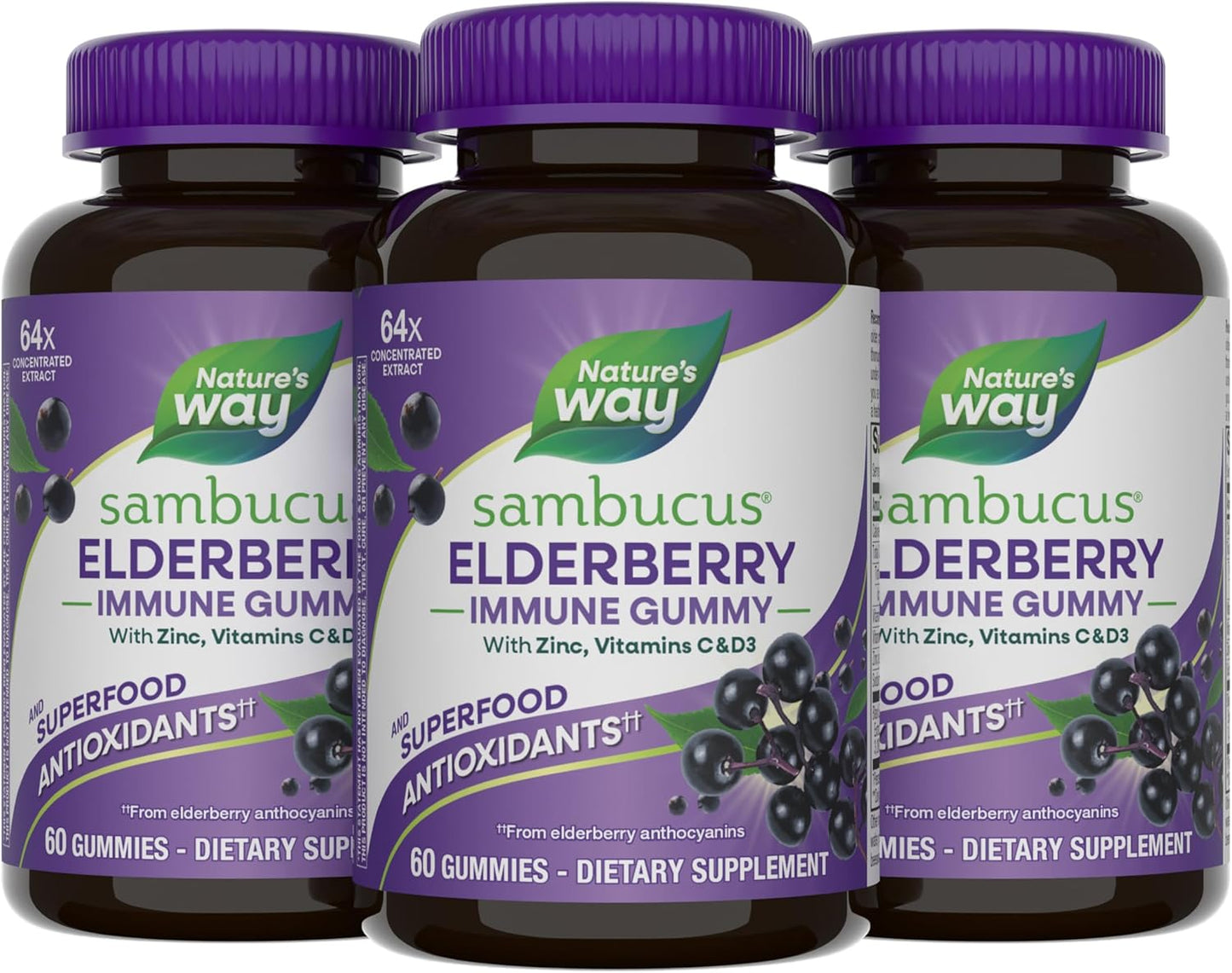 Nature's Way Sambucus Elderberry Gummies, Immune Support Gummy for Adults & Kids Ages 4+ with Black Elderberry Extract, Vitamin C, Vitamin D3, and Zinc*, 60 Gummies