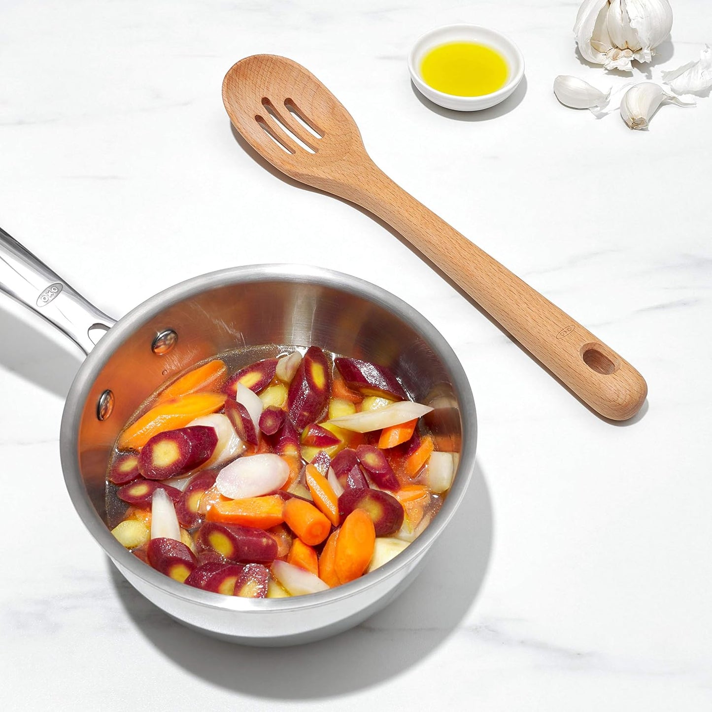 OXO Good Grips 3‑Piece Wooden Utensil Set, Solid Beachwood Spoon, Slotted Spoon and Turner
