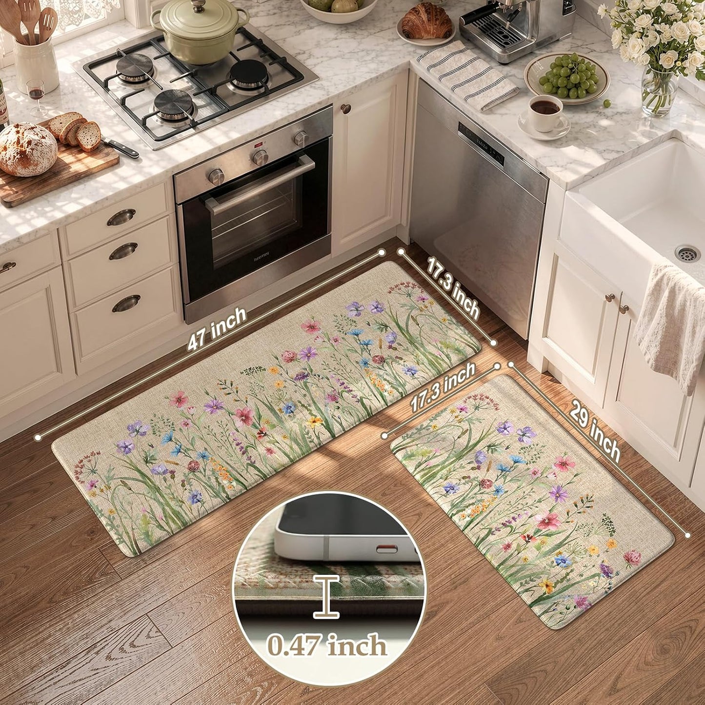KIMODE Anti Fatigue Kitchen Mat, 17"x47"+17"x29" Floral Kitchen Rugs Sets of 2, Farmhouse Kitchen Floor Mats Non-Slip Cushioned, Comfort Standing Desk Mat for Sink, Laundry,Home Brown