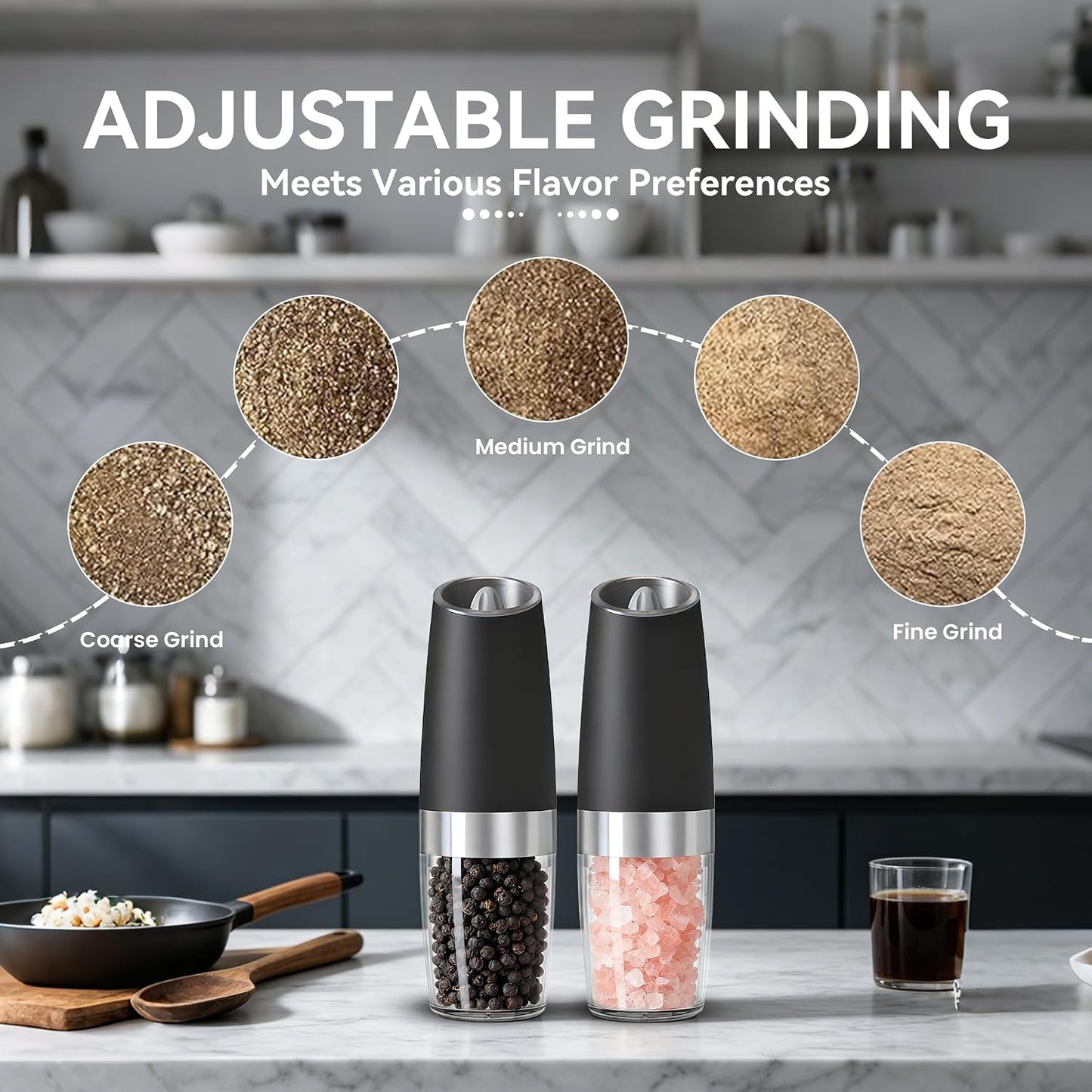 UNNEES Battery Operated Gravity Salt And Pepper Grinder Set, 2 Pcs (Black) | Automatic Salt And Pepper Grinder Set, Adjustable Roughness,12 Batteries Required, Led Light