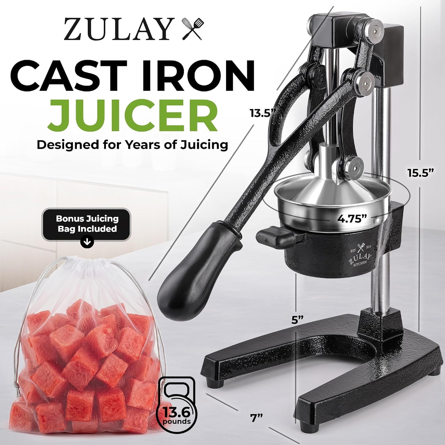 Zulay Kitchen Cast Iron Juicer - Heavy Duty Manual Juicer with Detachable Strainers for Easy Cleaning, Orange Juice Press for Citrus Fruits, Perfect for Bartenders, Juice Lovers & Health Enthusiasts