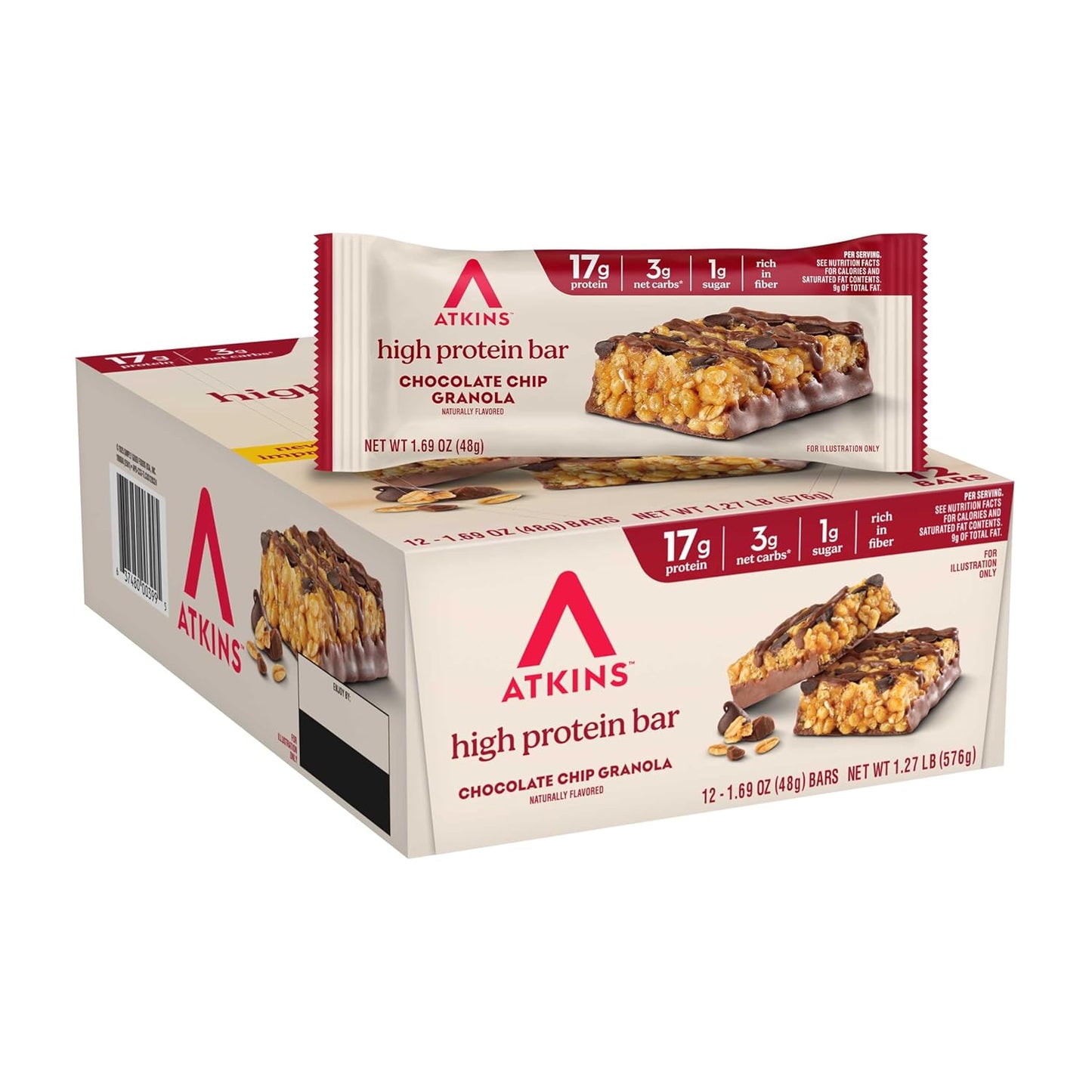 Atkins Chocolate Chip Granola Protein Bar, 12 Count, High Fiber, Low Sugar, 17g Protein