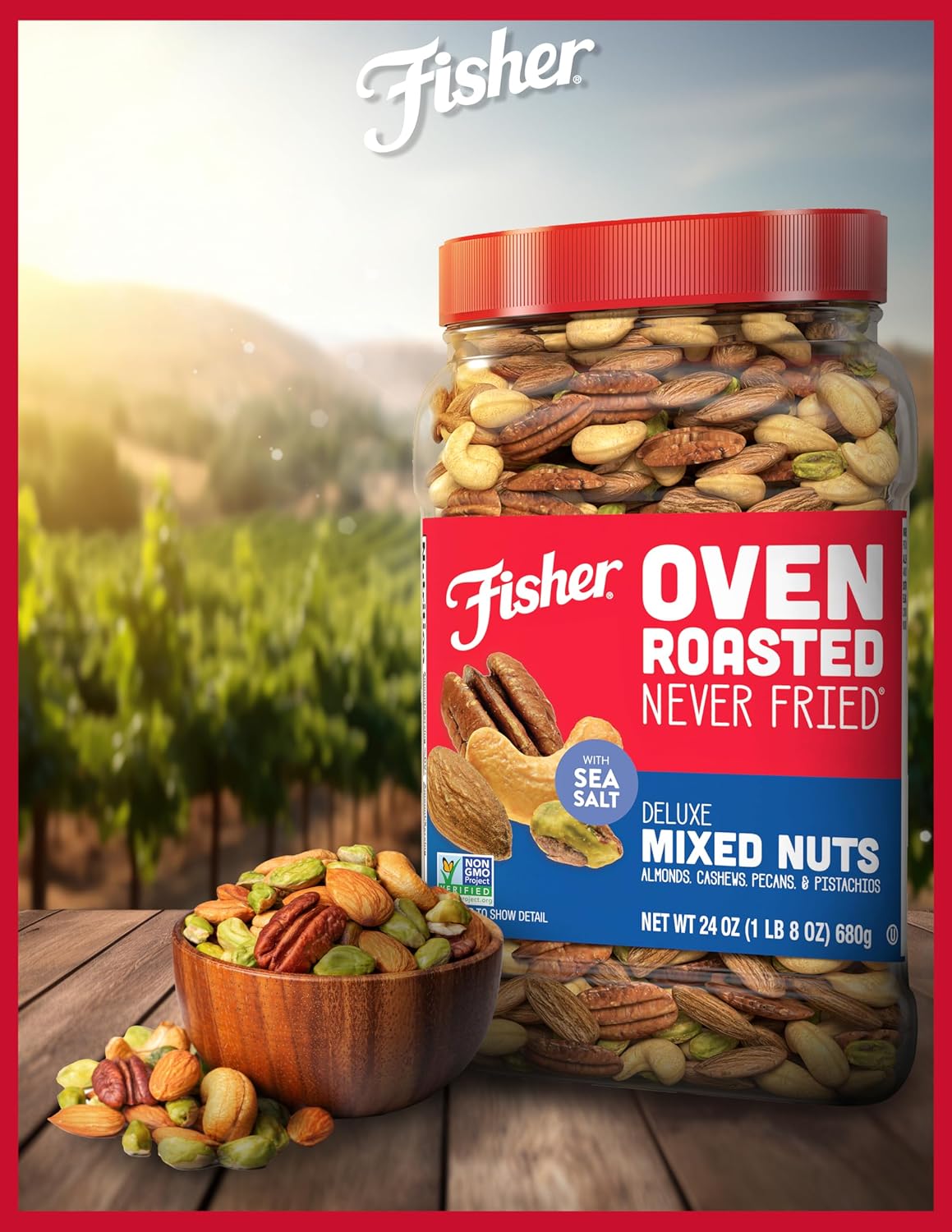 Fisher Oven Roasted Mixed Nuts, 24 Oz, Almonds, Cashews, Pecans, Pistachios, Healthy Snack