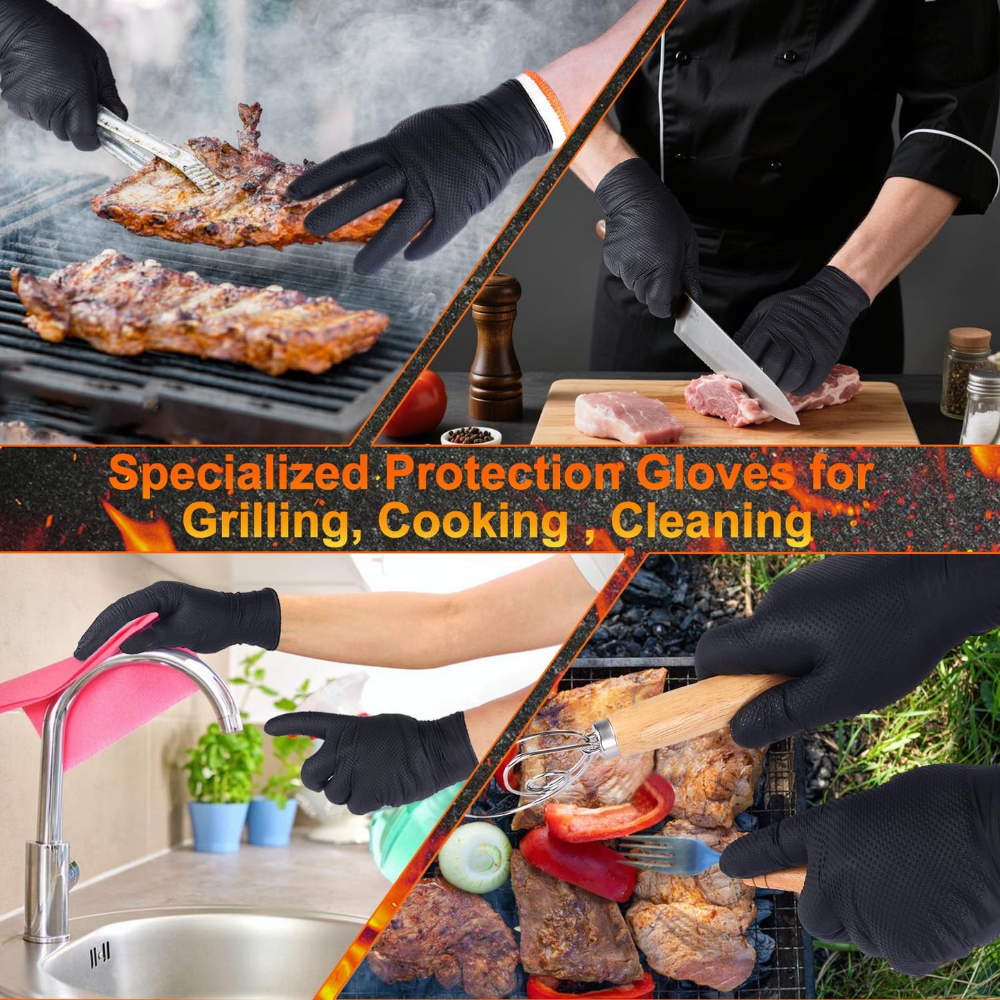 ANBOSON BBQ Gloves Disposable, Heat Resistant Grilling Gloves for Cooking | 10Mil Heavy Duty Nitrile Gloves-100Ct &4 Cotton Liners for Meat Handling Smoker for Hot Food Prep,Non-Slip Grip,Large,Black