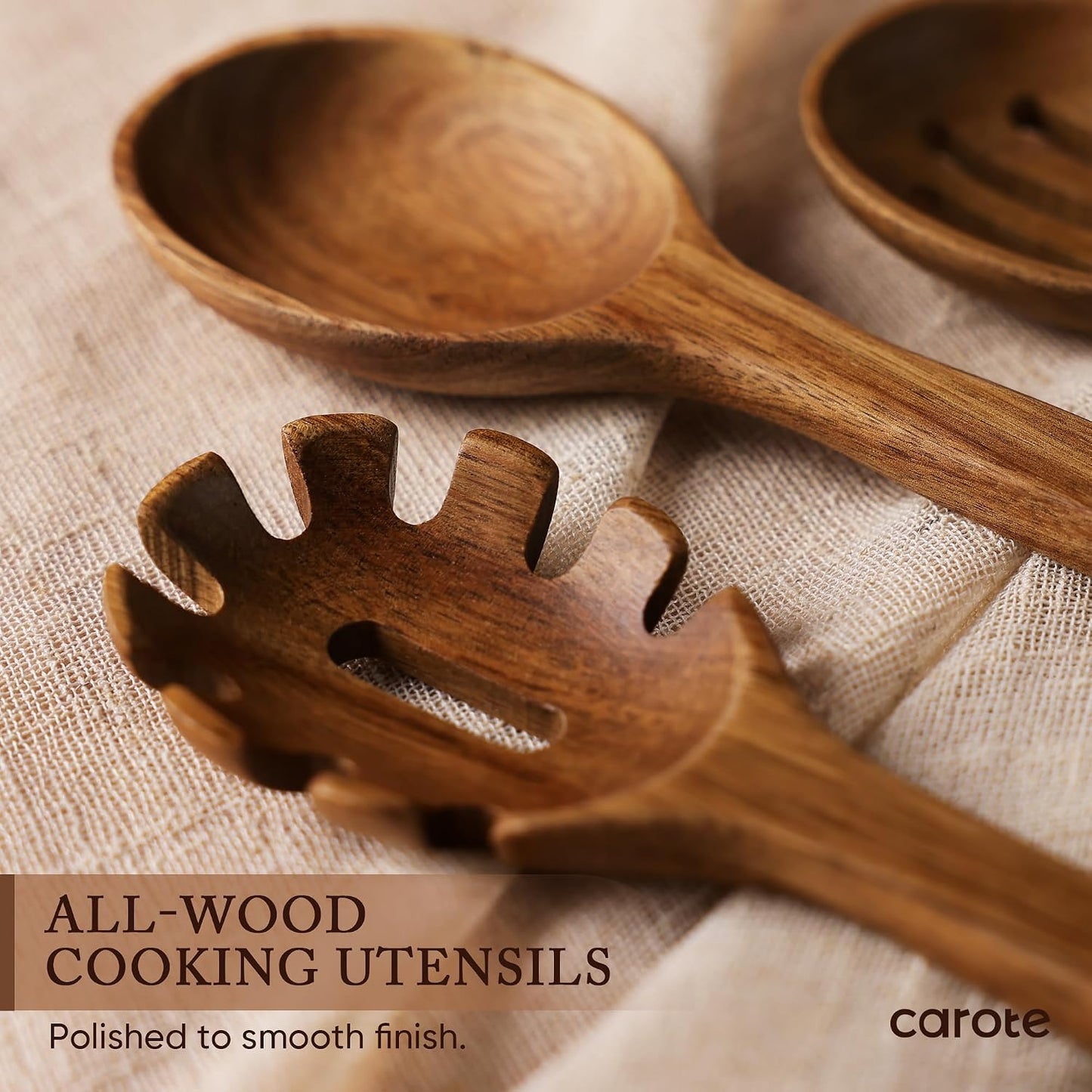 CAROTE Wooden Utensil Set, 8-Piece Acacia Wood Cooking Utensils | Nonstick Cookware Friendly, Durable, Heat-Resistant, Cool-Touch Handles, Hanging Loops, Everyday Kitchen Essentials