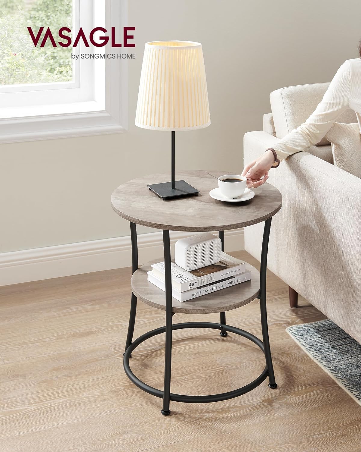 VASAGLE Side Table, 2-Tier Round End Table, Nightstand with Steel Frame for Small Spaces, Living Room, Bedroom, Heather Greige and Ink Black