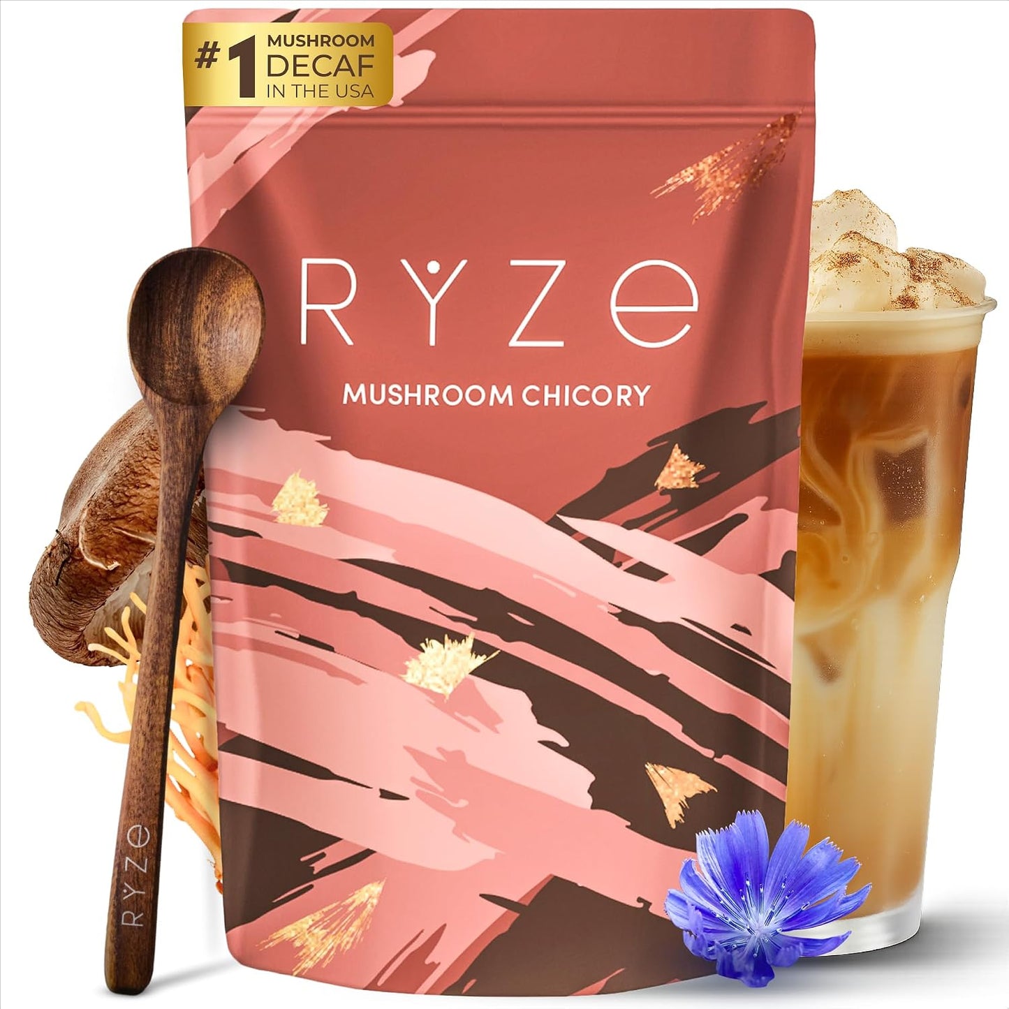 RYZE SUPERFOODS Mushroom Medium Roast Coffee USDA Organic with 6 Adaptogenic Mushrooms, USA Grown Instant Coffee for Better Energy, Focus Digestion Immunity with Lions Mane & Turkey Tail 30 Servings