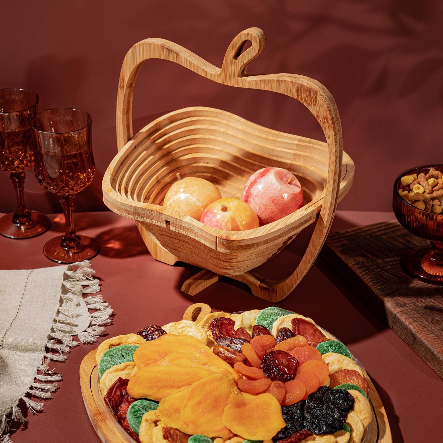 Dried Fruit Gift Basket with Exotic Fruits and Wooden Tray