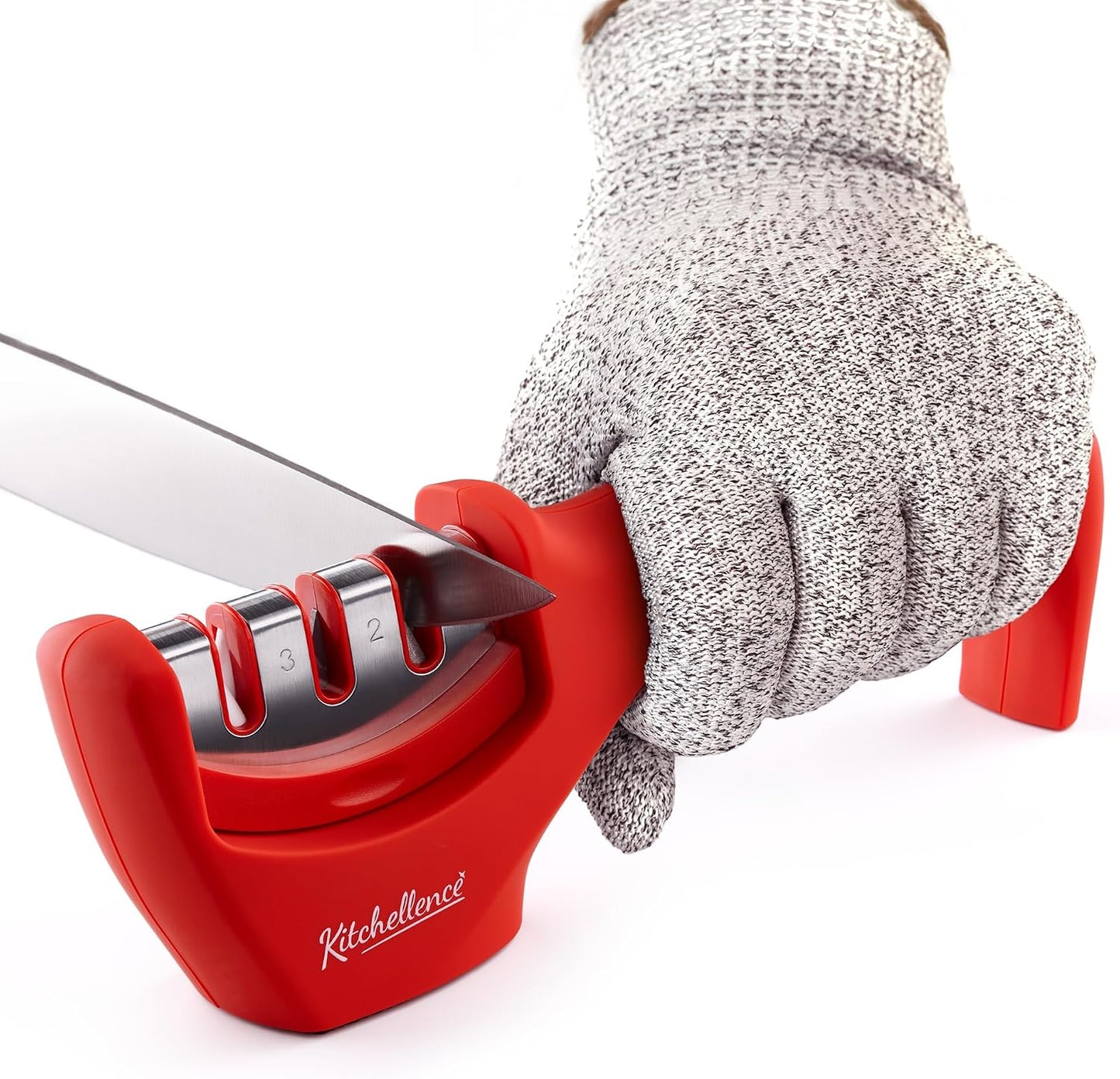 4-in-1 Kitchen Knife Accessories: 3-Stage Knife Sharpener Helps Repair, Restore, Polish Blades and Cut-Resistant Glove (Black)