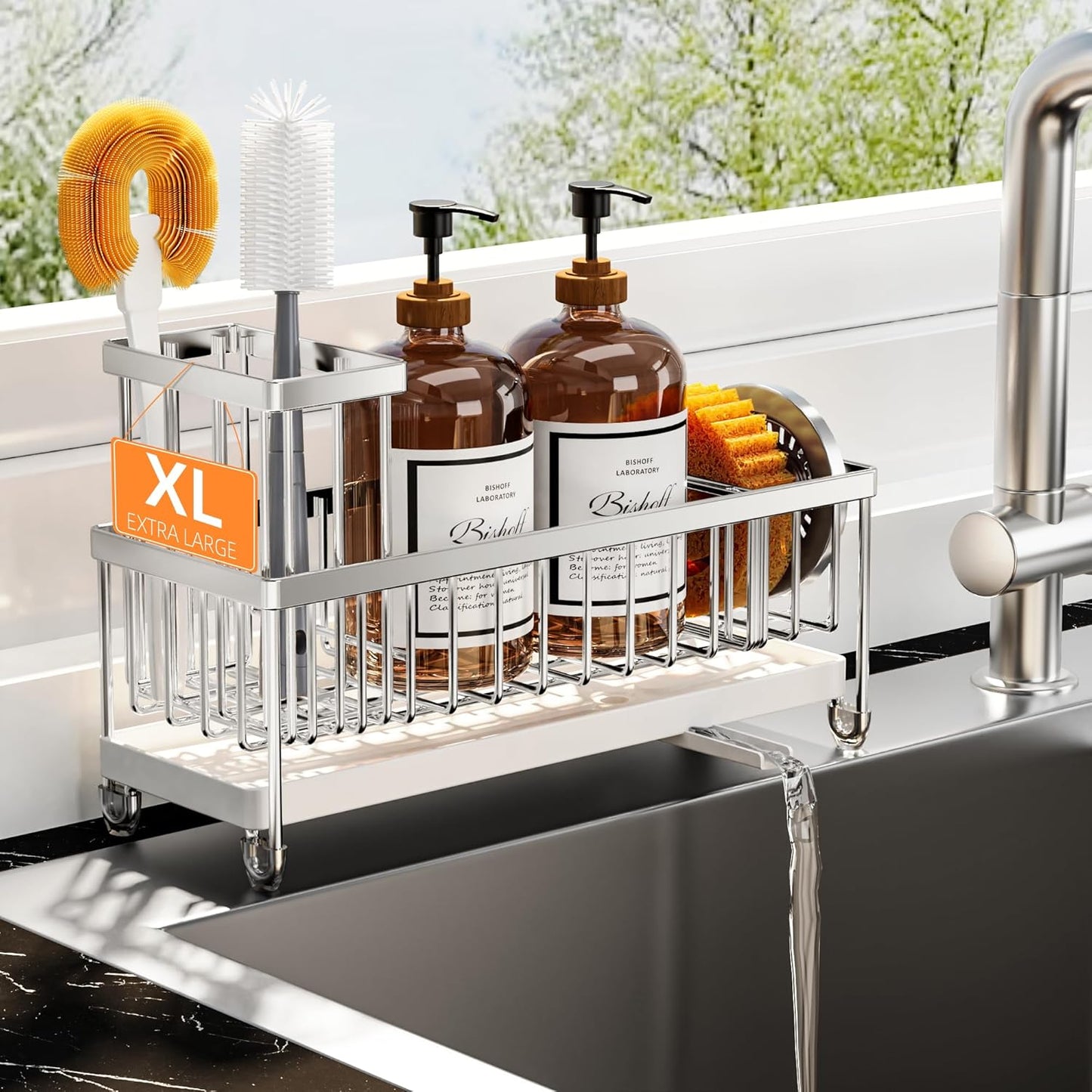Cisily Sponge Holder for Kitchen Sink, Sink Caddy Organizer with High Brush Holder, Kitchen Countertop Organizers and Storage Essentials, Rustproof 304 Stainless Steel (Silver, 9.25″)