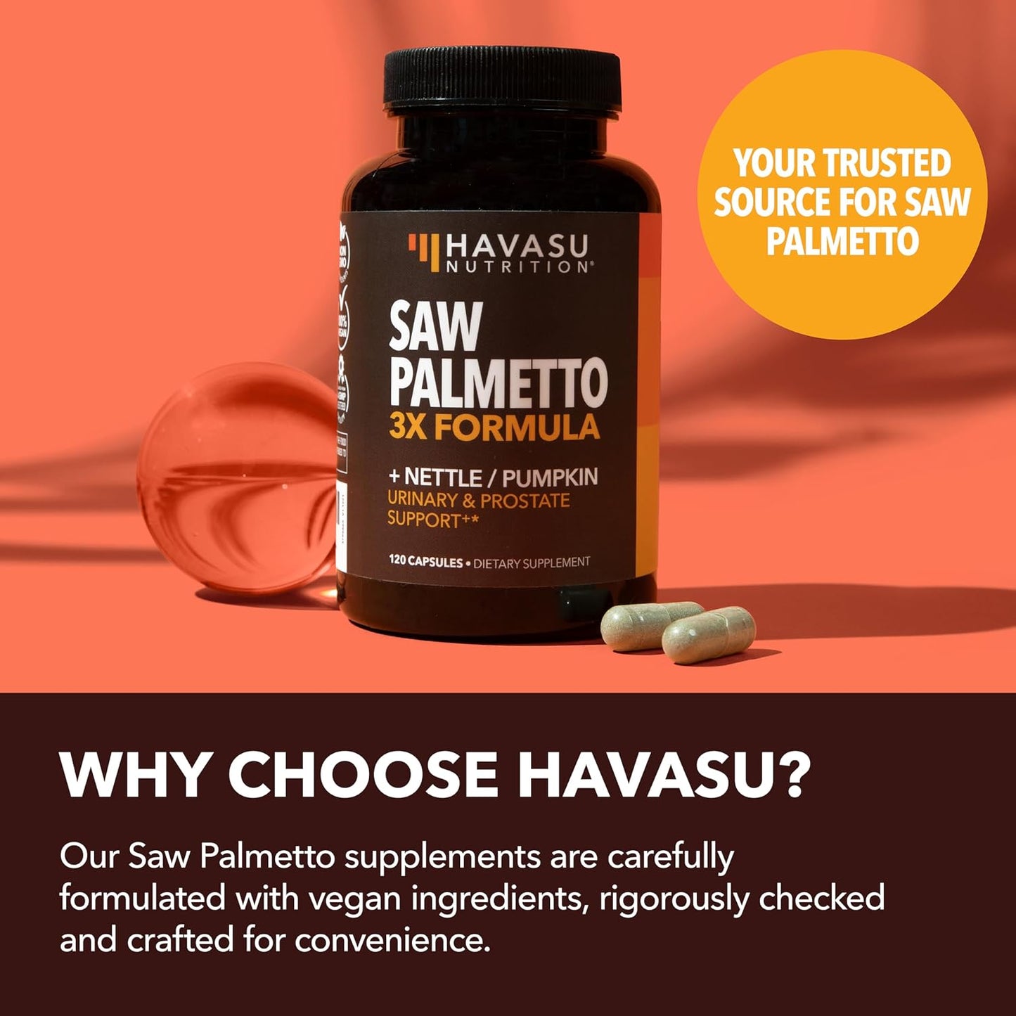 Saw Palmetto Supplement with Stinging Nettle and Pumpkin Seed Extract - Advanced 3X Formula - DHT Blocker Urinary Health and Prostate Support for Mens Health - Vegan, Non-GMO Capsules - 2 Month Supply