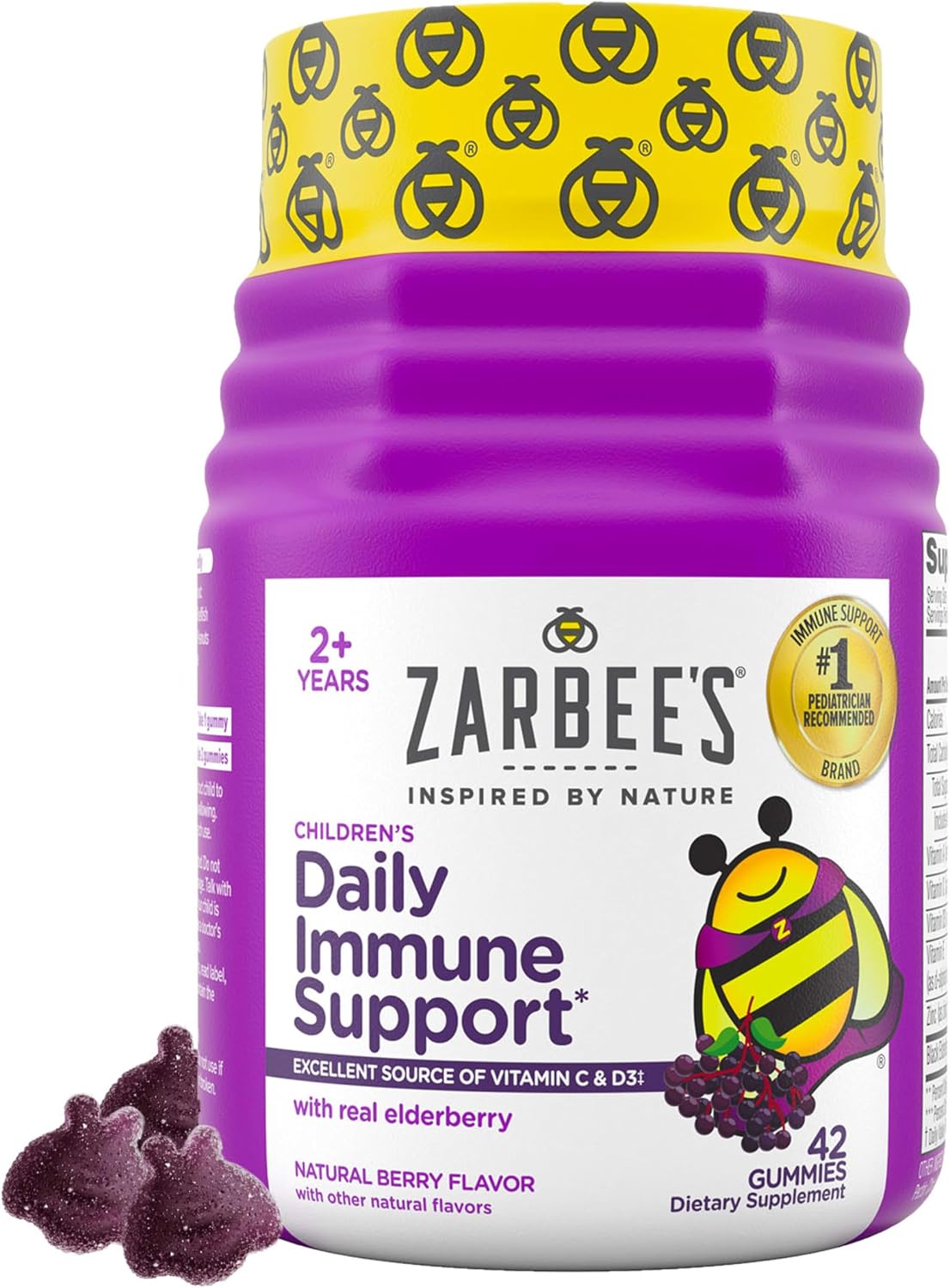 Zarbee’s Elderberry Gummies for Kids, Immune Support Supplement with Vitamins A, C, D3, E, & Zinc, Gluten & Gelatin Free, No Artificial Flavors, Natural Berry Flavor, Ages 2+, 42 ct