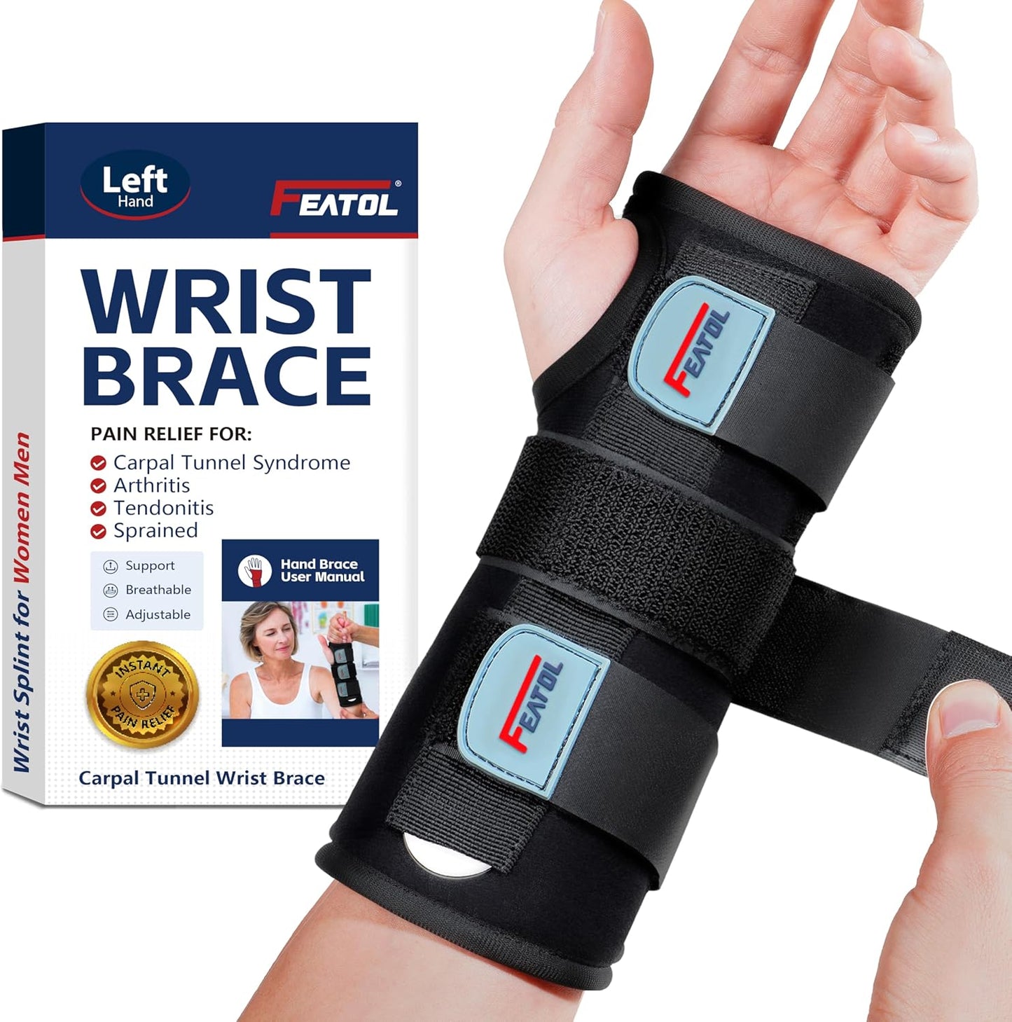 FEATOL Wrist Brace Hand Brace for Carpal Tunnel and Tendonitis Relief, Small/Medium