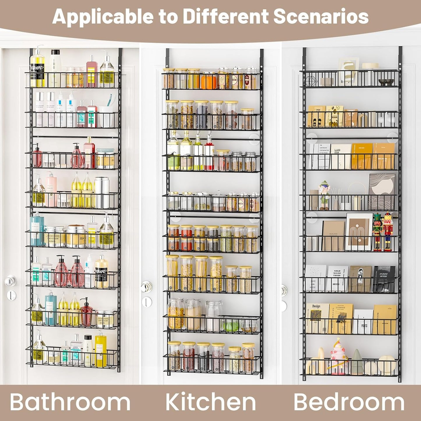 ElegantArray 8-Tier Pantry Door Organizer, Black | Over The Door, Hanging Spice Rack Shelves, Home Office Laundry Room Bathroom & Kitchen, Storage Rack