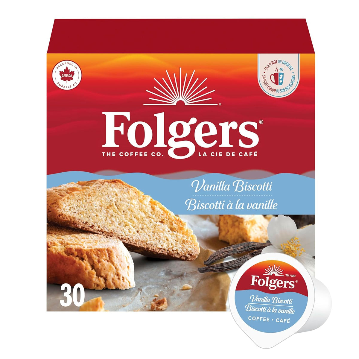 Folgers Vanilla Biscotti Coffee K-cups, 30-count box, 270g, imported from Canada