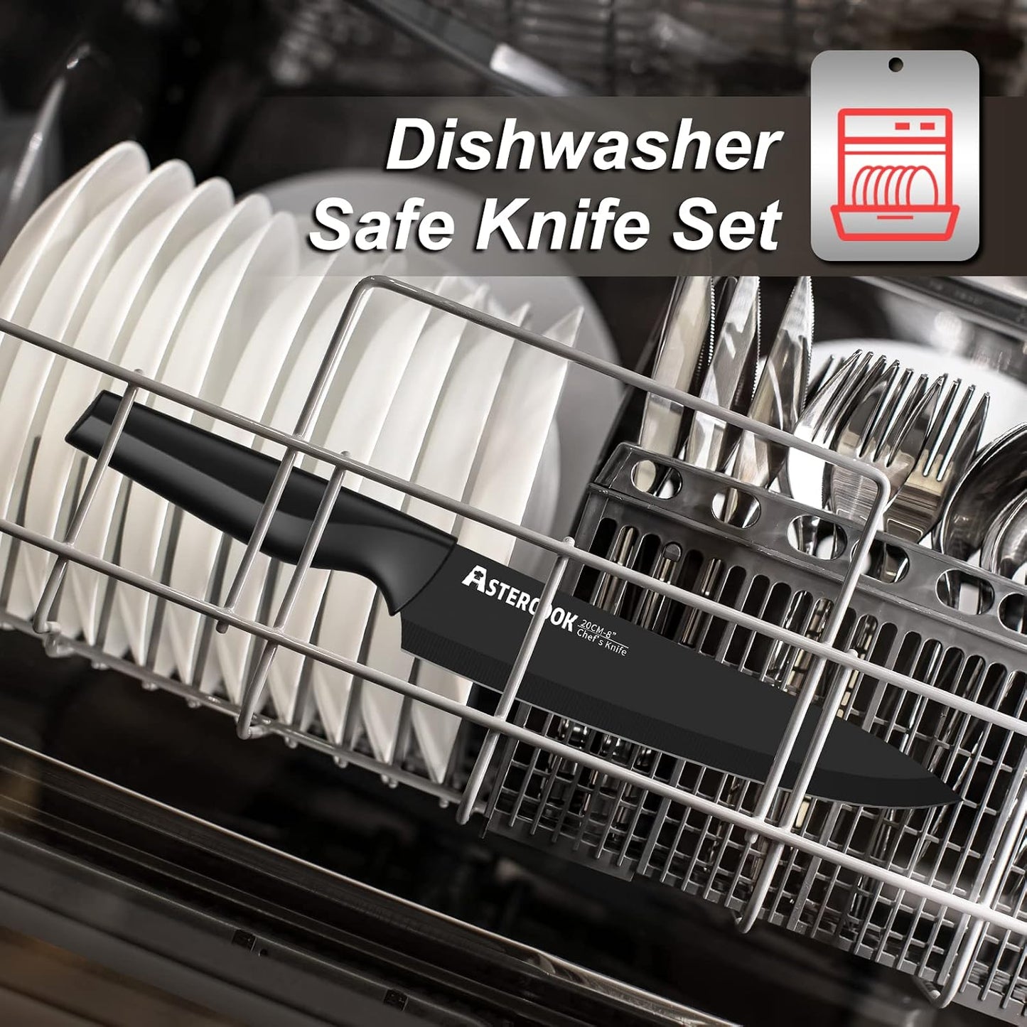 Knife Set, Astercook 21 Pieces Knife Sets for Kitchen with Block, Dishwasher Safe Kitchen Knife Set with Built-in Sharpener, German Stainless Steel Black Knife Block Set, Fathers Day Gift for Men