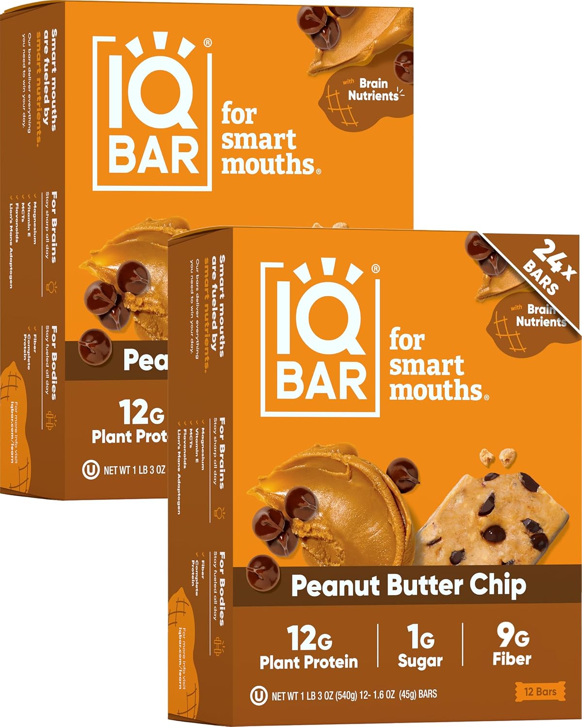 IQBAR Clean Plant Protein Bars - Peanut Butter Chip - 24 Count - Gluten and Dairy Free, Low Sugar Snack