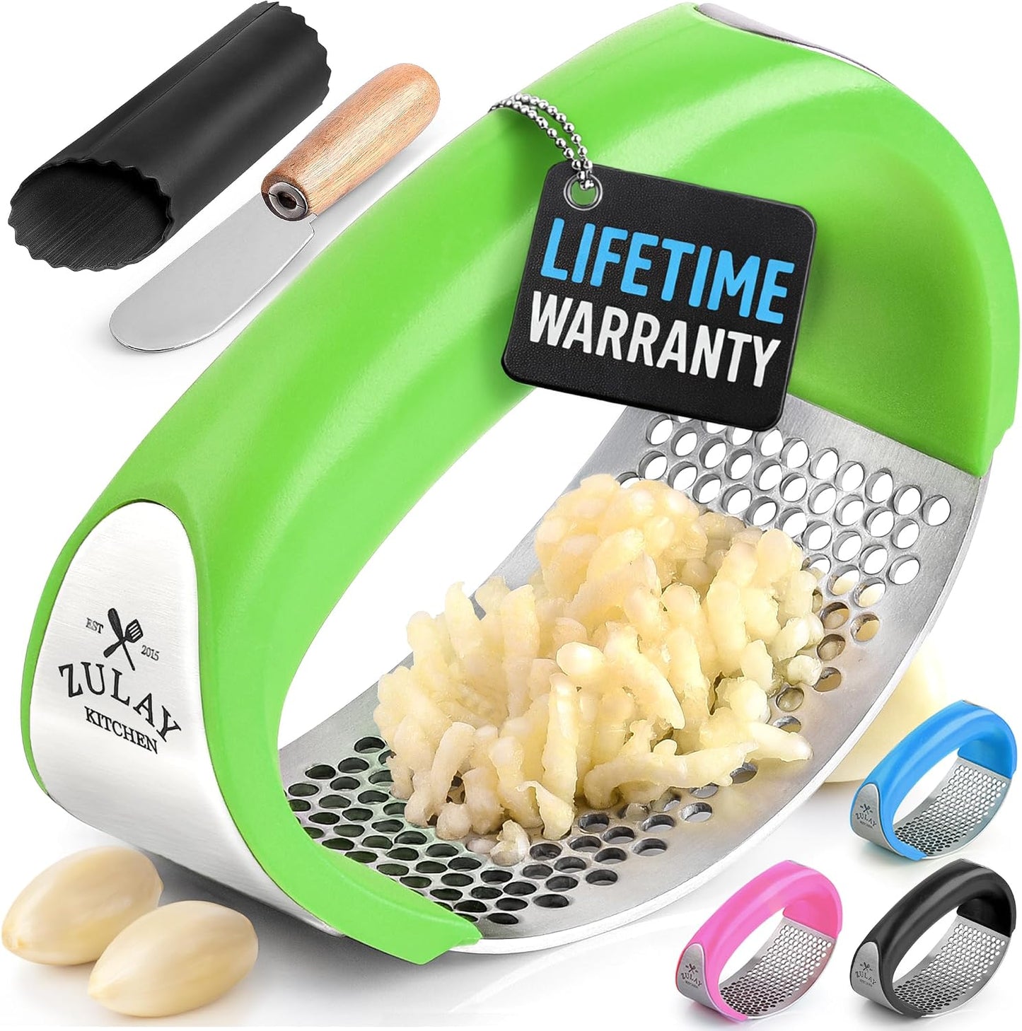 Zulay Kitchen Stainless Steel Garlic Press Rocker Set - Premium Garlic Mincer Garlic Crusher - New Innovative Garlic Crusher with Peeler and Scraper - Comfortable Grip (Black)